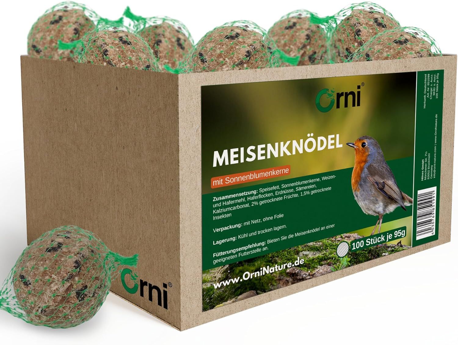 Karton mit Meisenknödeln. Aufdruck: Orni, Meisenknödel mit Sonnenblumenkerne, 100 Stück je 95g. Bild: Rotkehlchen.