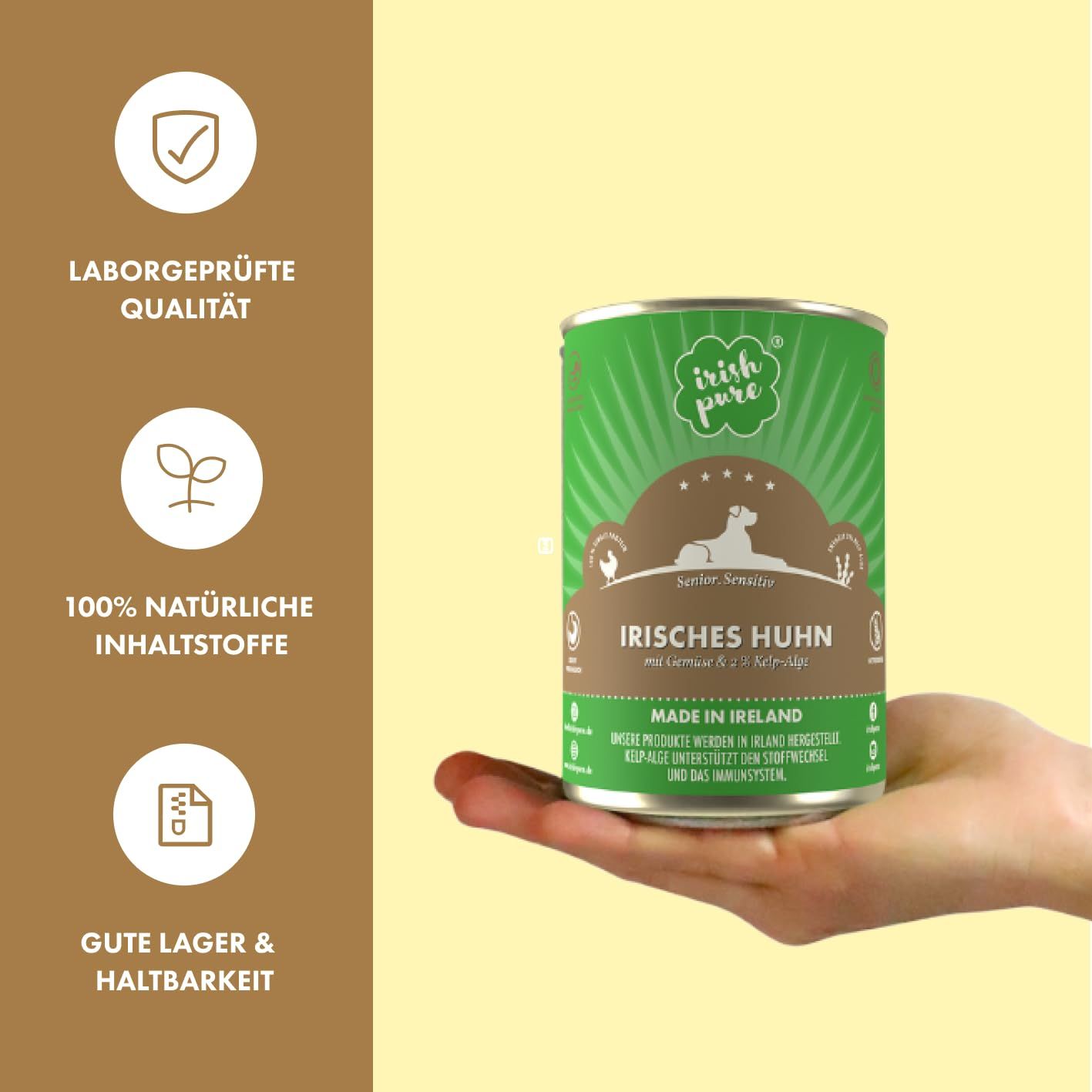 Hand hält Dose 'Irish Pure' Hundefutter, daneben Qualitätsmerkmale.