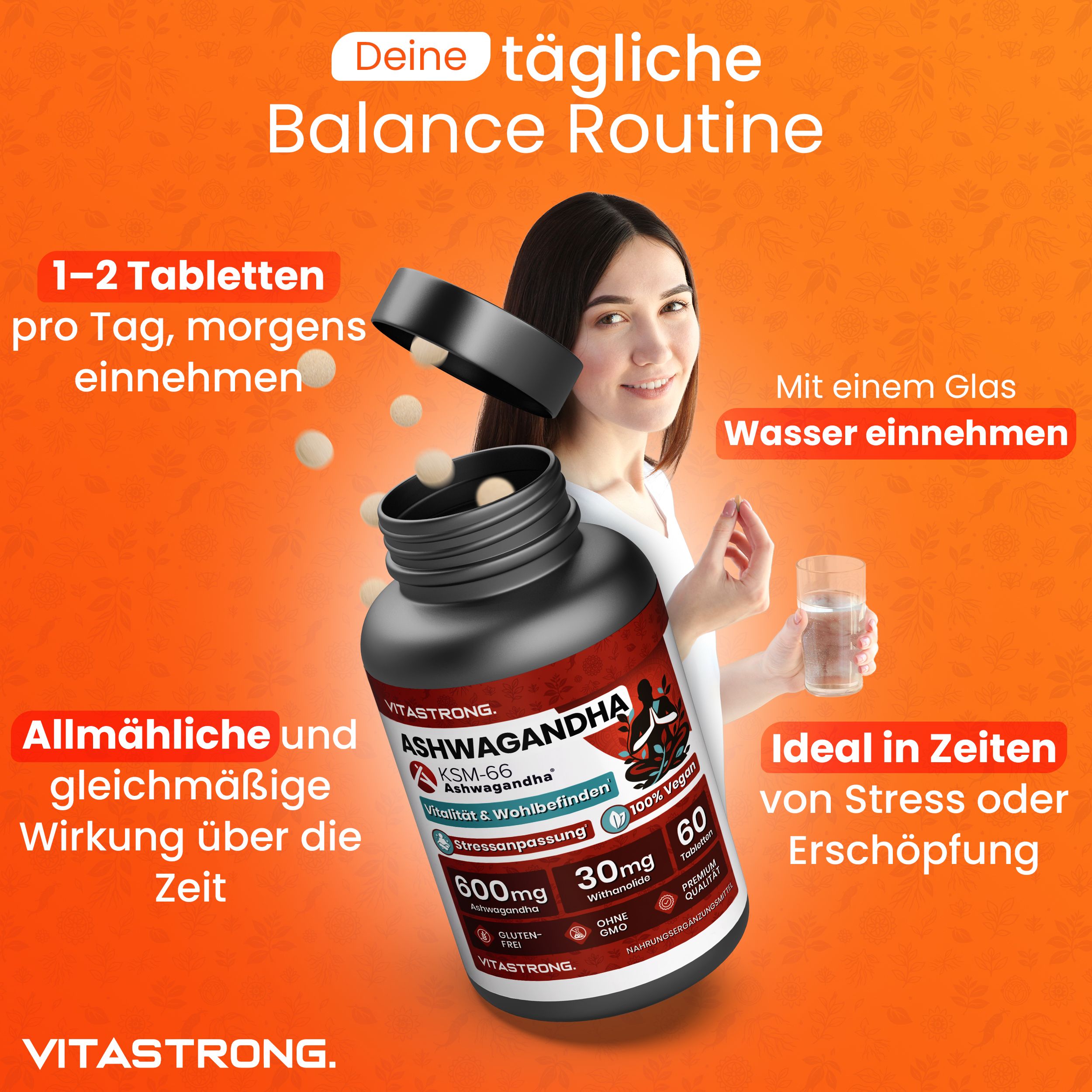 Flasche mit Ashwagandha-Kapseln, KSM-66, 600mg, 30mg, 60 Stück.