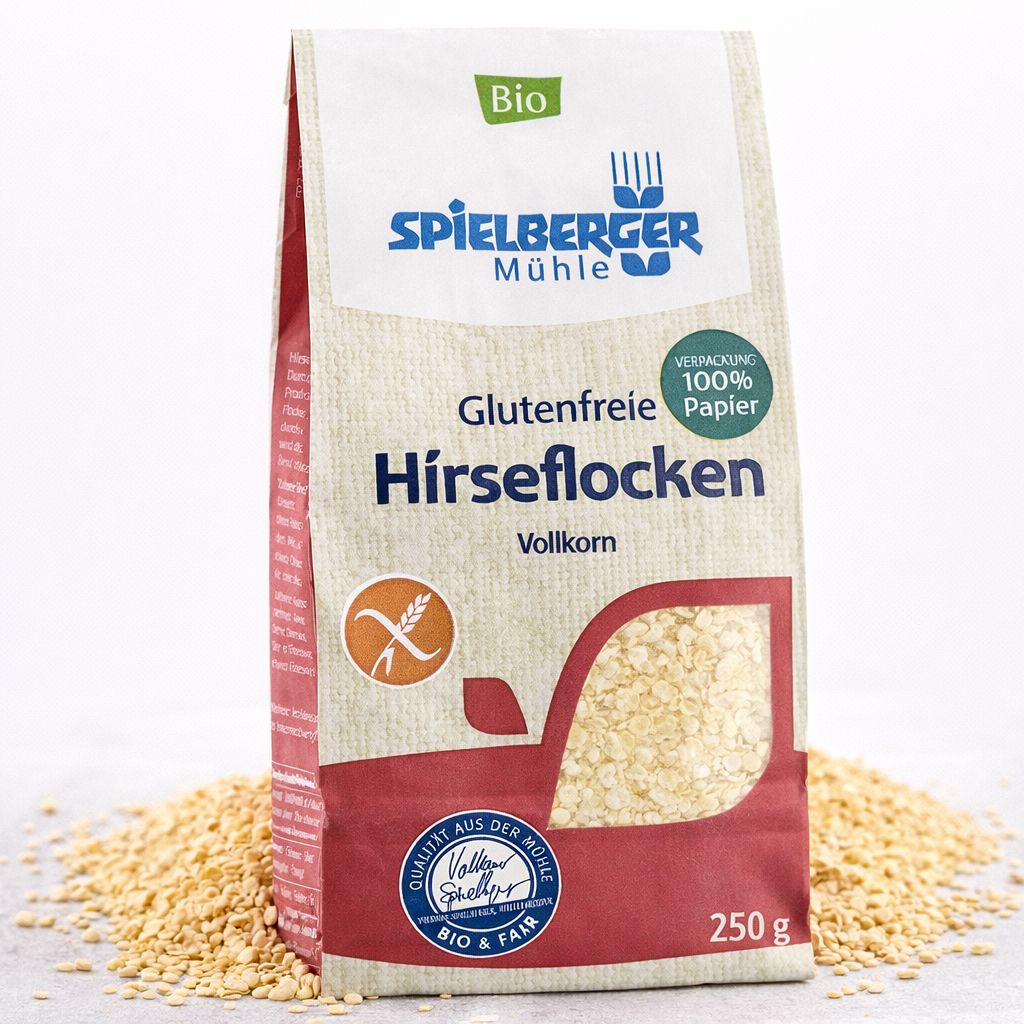 Spielberger Mühle Hirseflocken Vollkorn, glutenfrei, 250g Packung mit Bio-Siegel und Streu.
