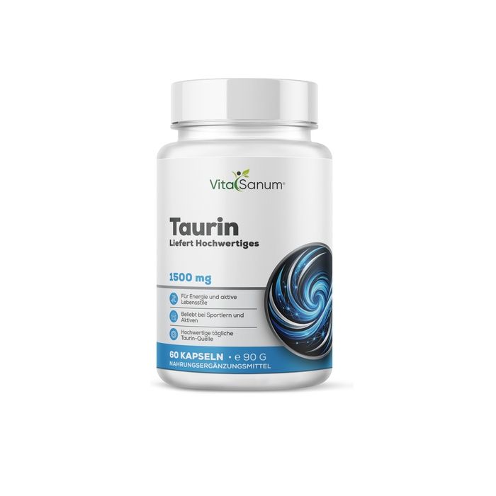 VitaSanum Taurin 1500 mg Kapseln: Weiße Flasche mit blauem Etikett, 60 Kapseln.