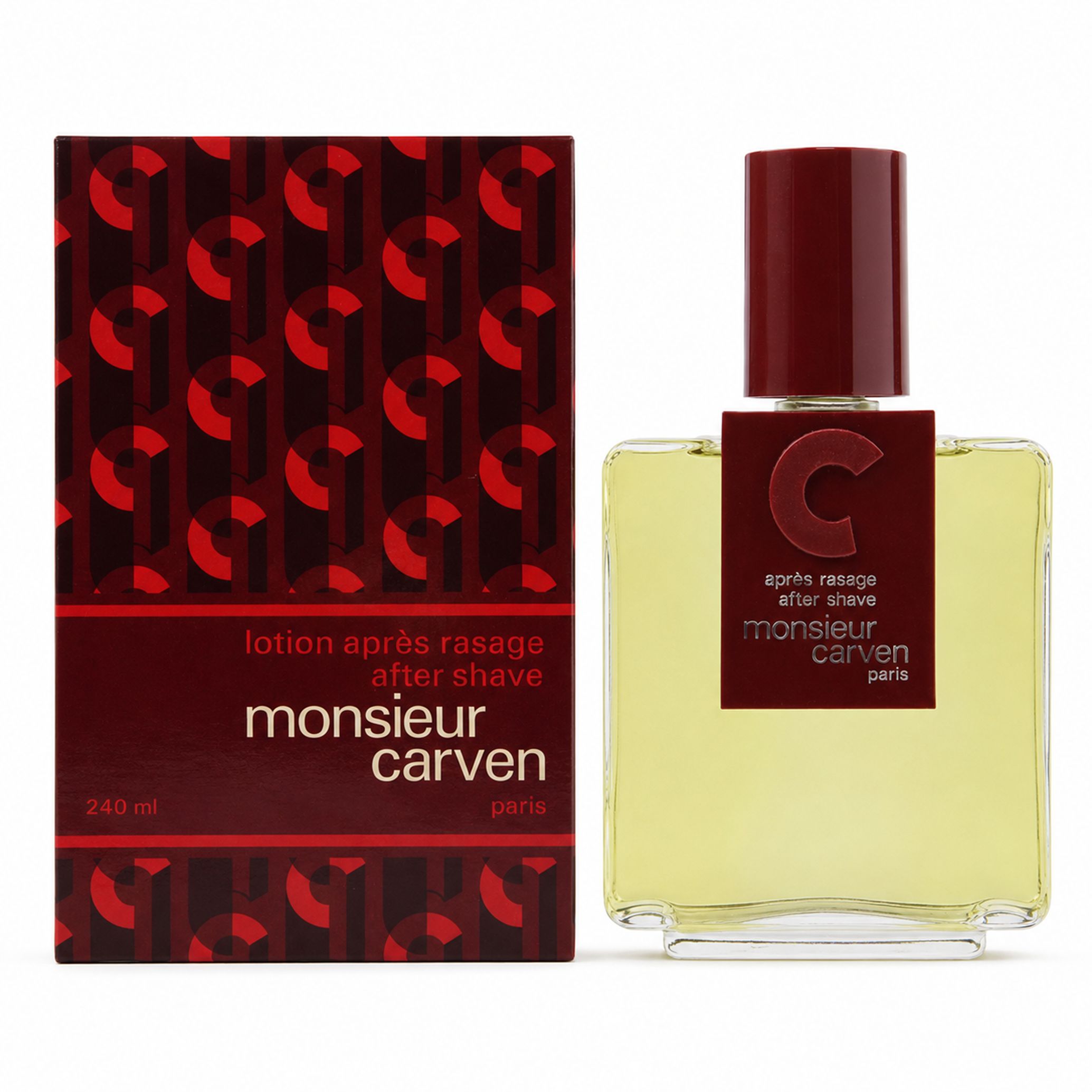 Monsieur de Carven After Shave Lotion Flakon und Verpackung. Dunkelrotes Etikett mit 'C'-Logo und Produktnamen.