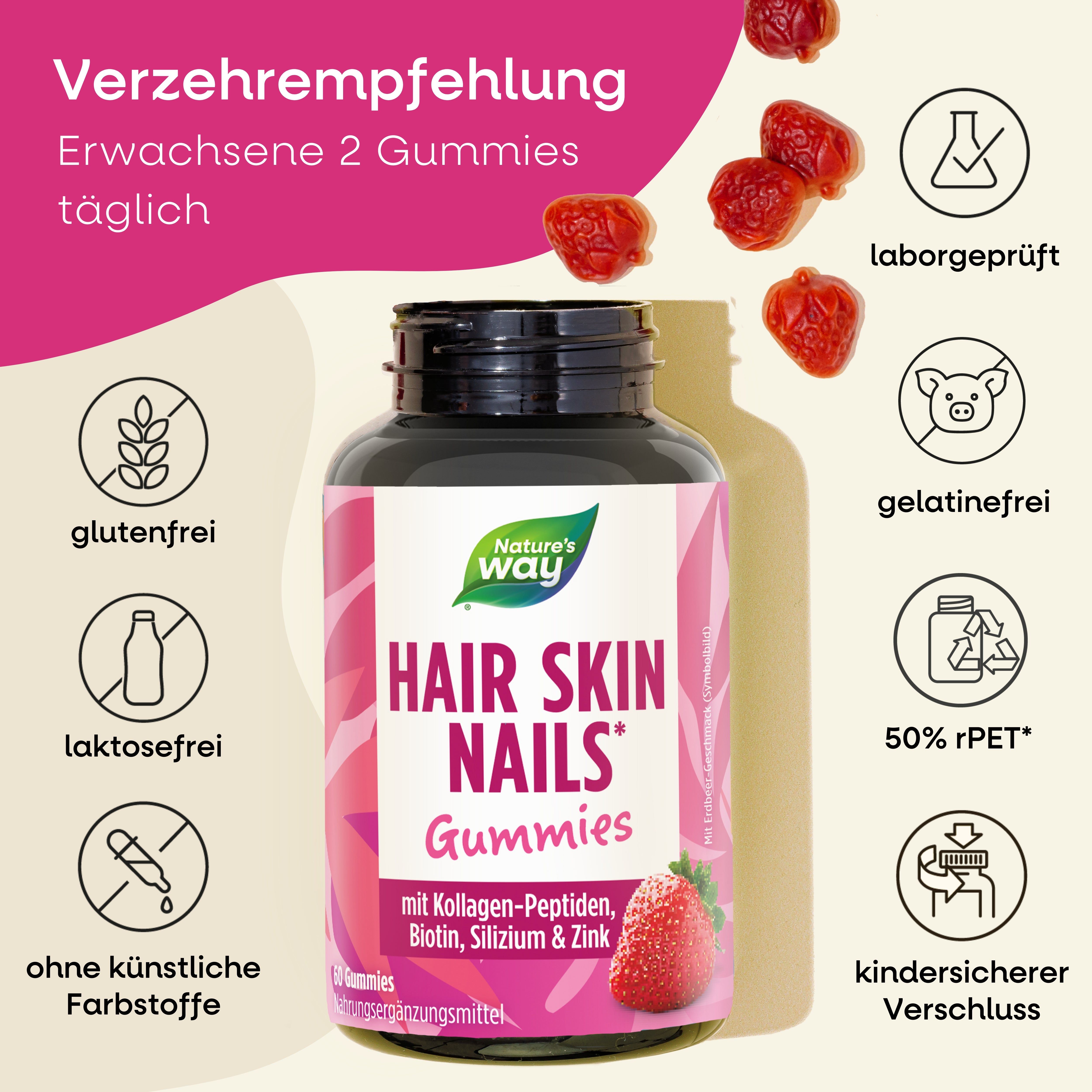 Flasche mit Gummibärchen. Grafiken: glutenfrei, laktosefrei, ohne künstliche Farbstoffe, gelatinefrei, 50% rPET, kindersicherer Verschluss.