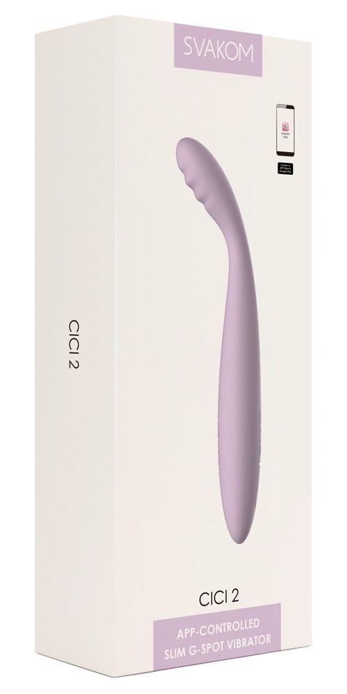 Verpackung mit SVAKOM-Logo und Produktname Cici 2. App-gesteuerter G-Punkt-Vibrator. Weißer Hintergrund.