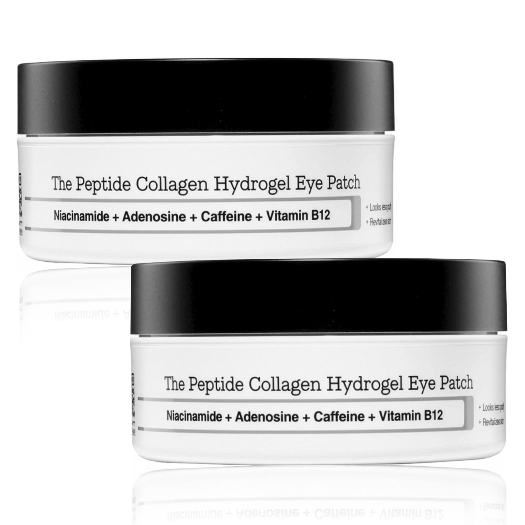 Zwei Dosen mit Augenpads. Text: The Peptide Collagen Hydrogel Eye Patch. COSRX Logo. Schwarzer Deckel.