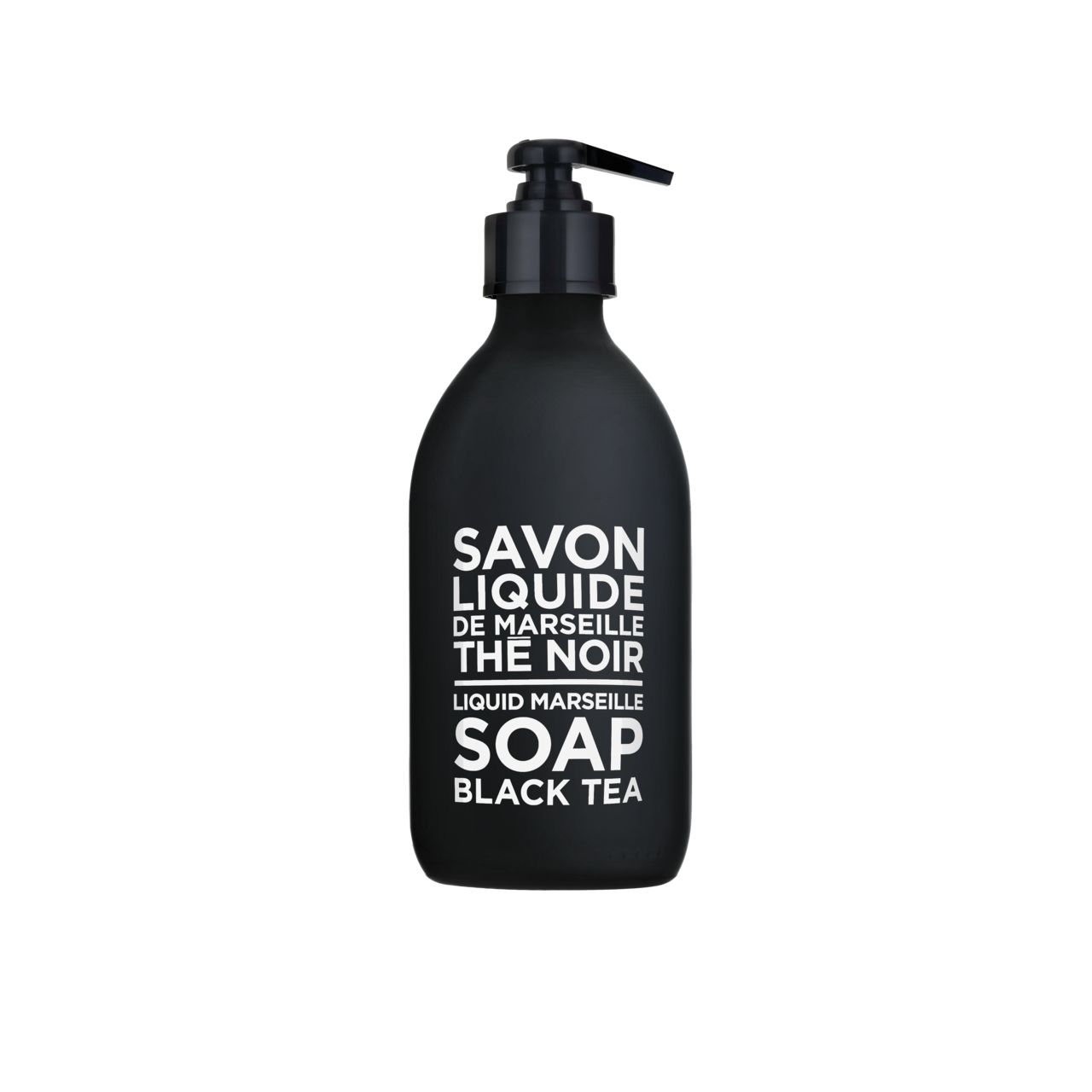 Schwarze Seife mit Pumpe. Text: Savon Liquide de Marseille The Noir, Liquid Marseille Soap, Black Tea.