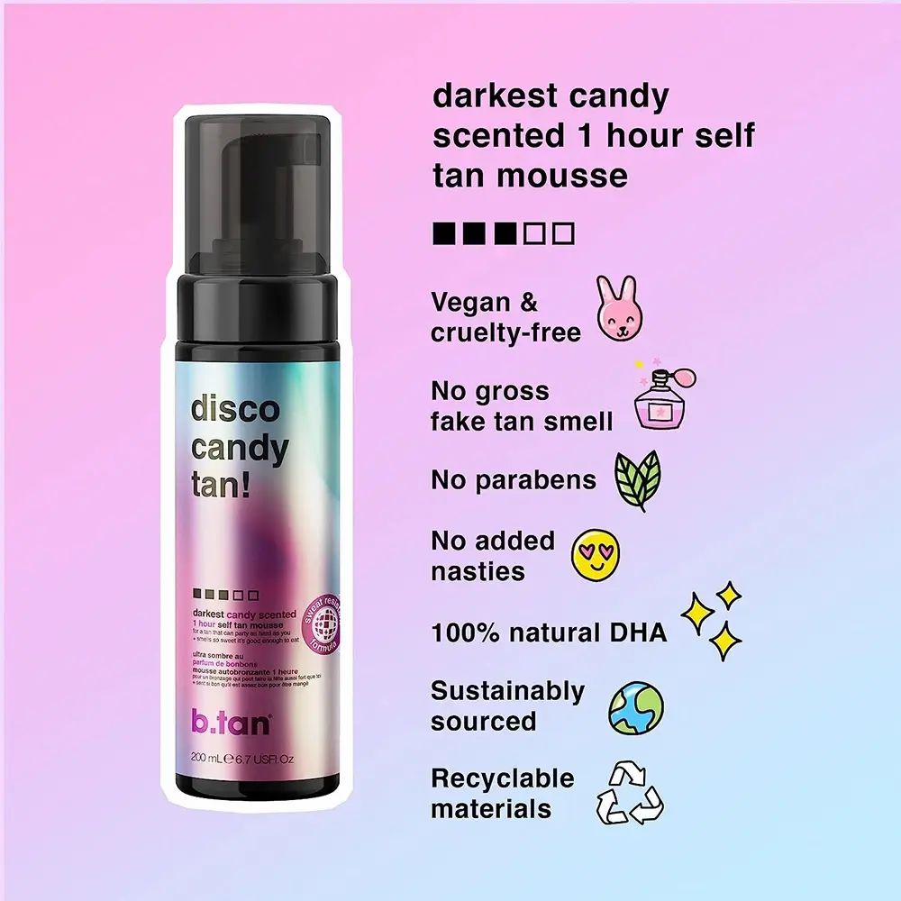 Selbstbräunungsmousse-Flasche mit schwarzem Sprühkopf. Aufschrift: disco candy tan! und b.tan. Zusätzliche Informationen.