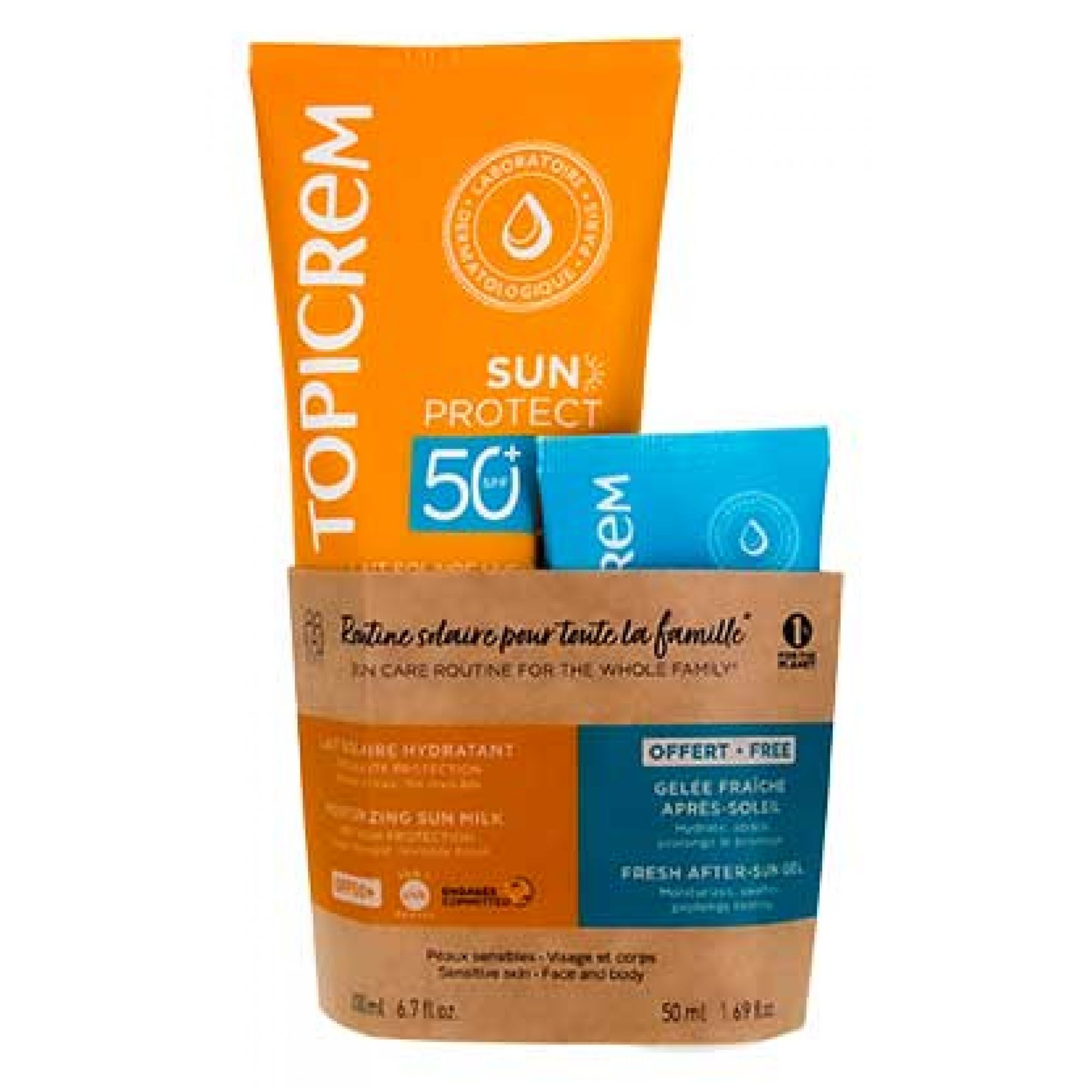 Topicrem Sun Protect Feuchtigkeitsspendende Sonnenmilch Spf50+ + Erfrischendes After-Sun-Gel Gratis 10x5,5x17,1 cm