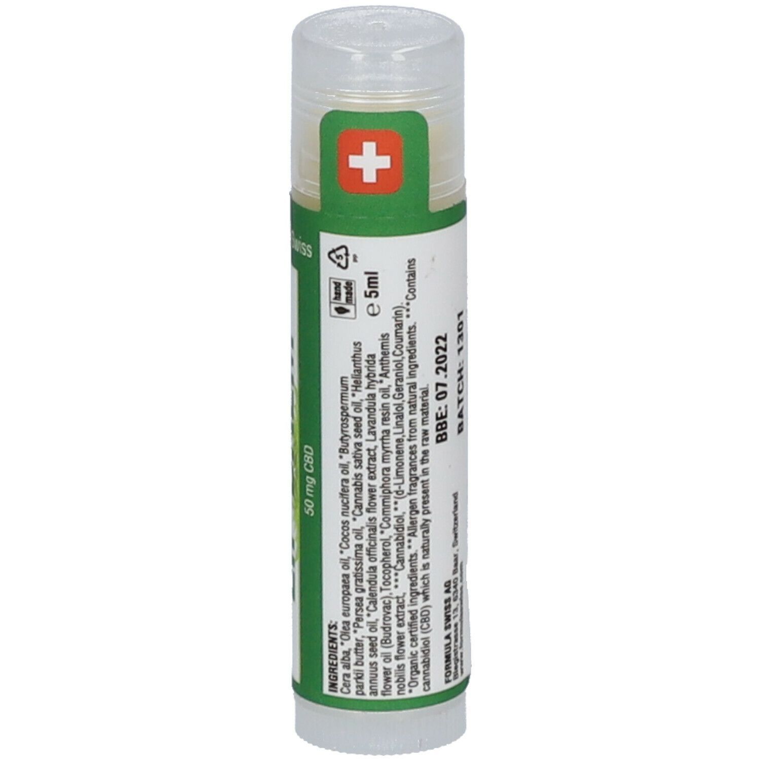 Lippenbalsam-Stift mit grünem Aufkleber. Text: LIP BALM, 50 mg CBD. Schweizer Kreuz. Inhaltsstoffe.