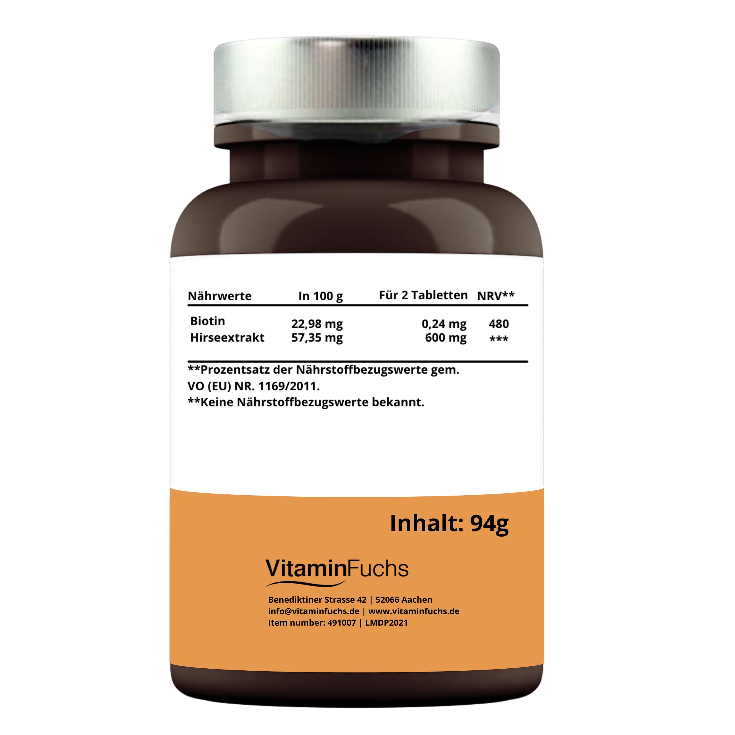 Rückseite der Tablettenflasche. Enthält Nährwertangaben für Biotin und Hirseextrakt. Inhalt: 94g. VitaminFuchs Logo.
