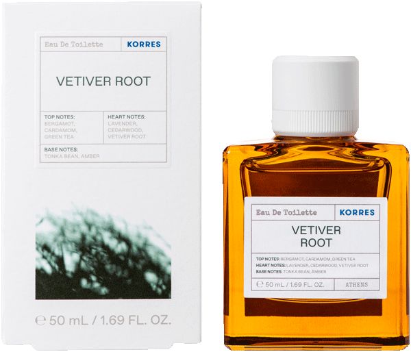 KORRES Eau de Toilette, quadratische Flasche mit weißem Deckel und Etikett. Karton mit Produktnamen und Inhaltsstoffen.