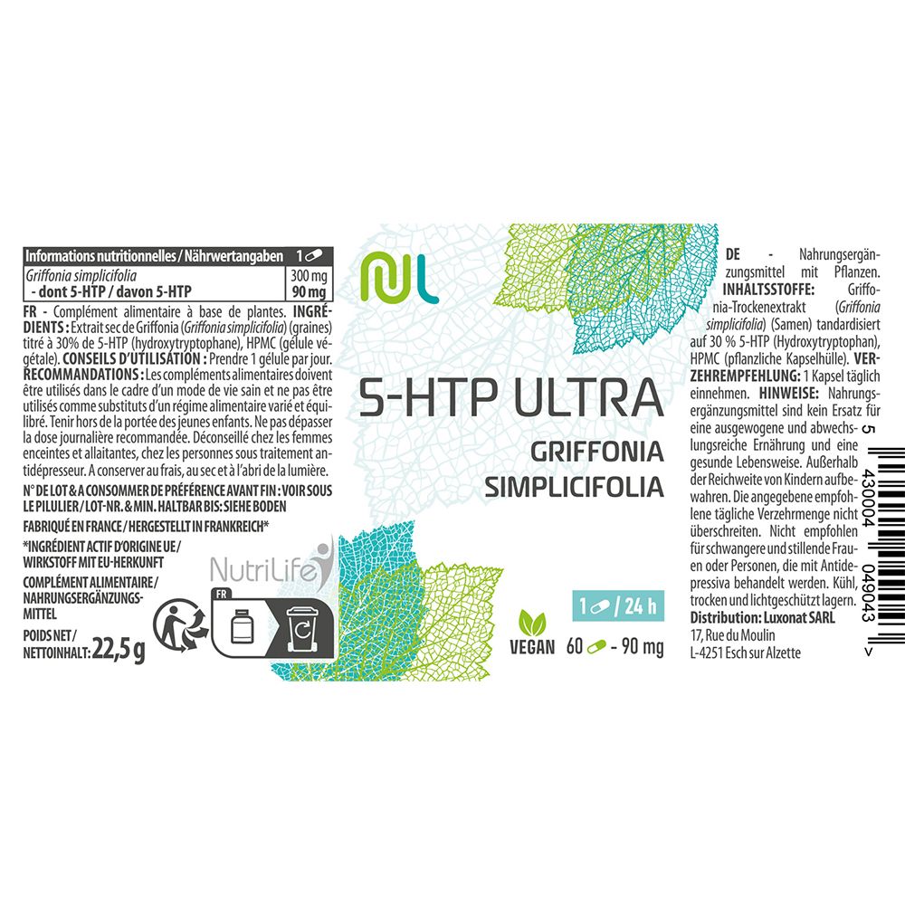 Etikett mit Produktinformationen. Enthält Text zu Inhaltsstoffen und Dosierung. Logo von Nutrilife und Produktname 5-HTP Ultra.