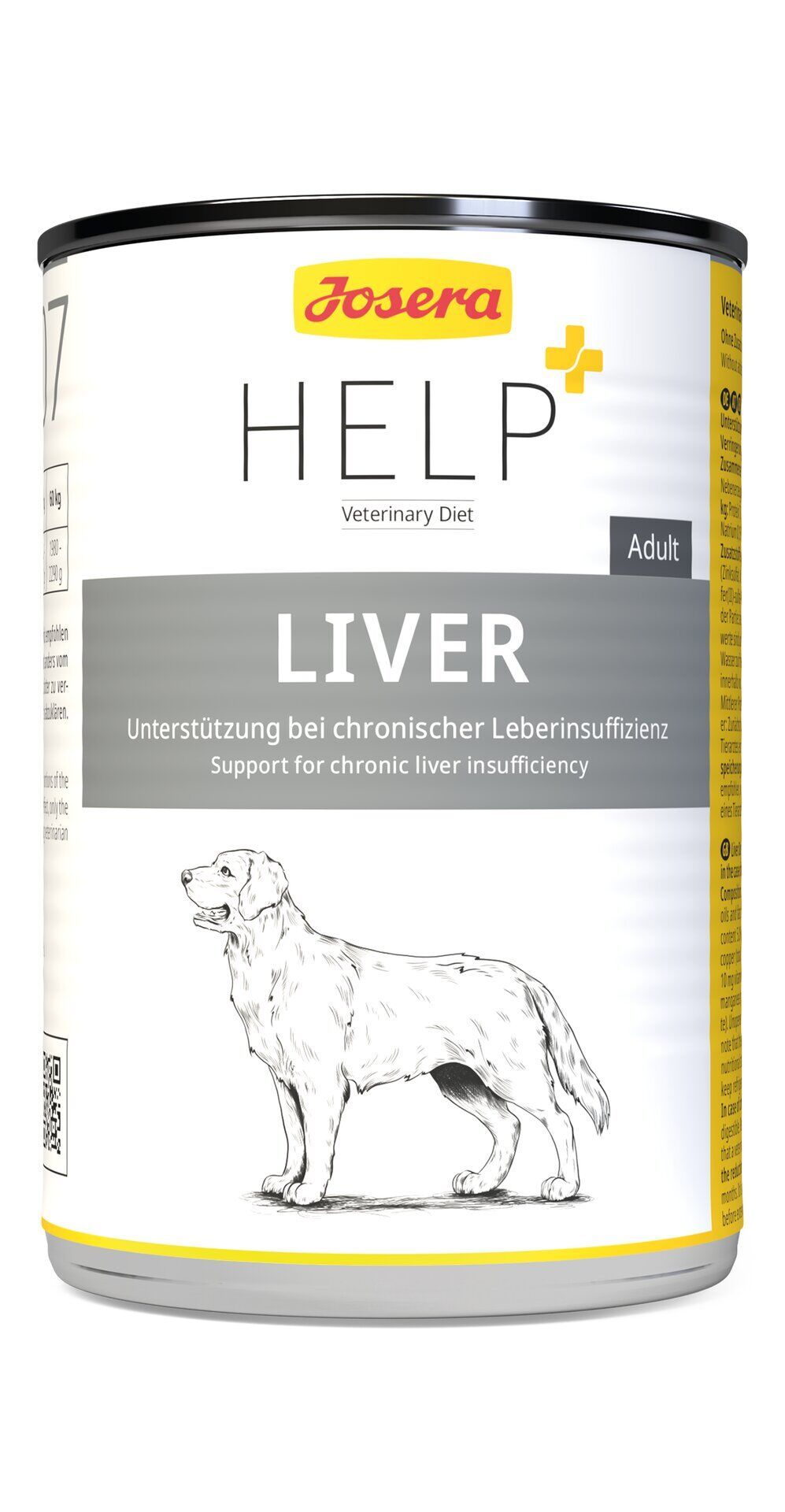 Josera HELP Veterinary Diet Adult LIVER Hundefutter-Dose mit Illustration eines Hundes.