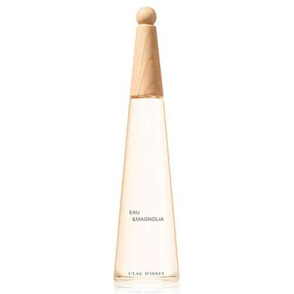 Parfümflakon mit Holzverschluss. Aufschrift: Eau & Magnolia, L'Eau d'Issey.