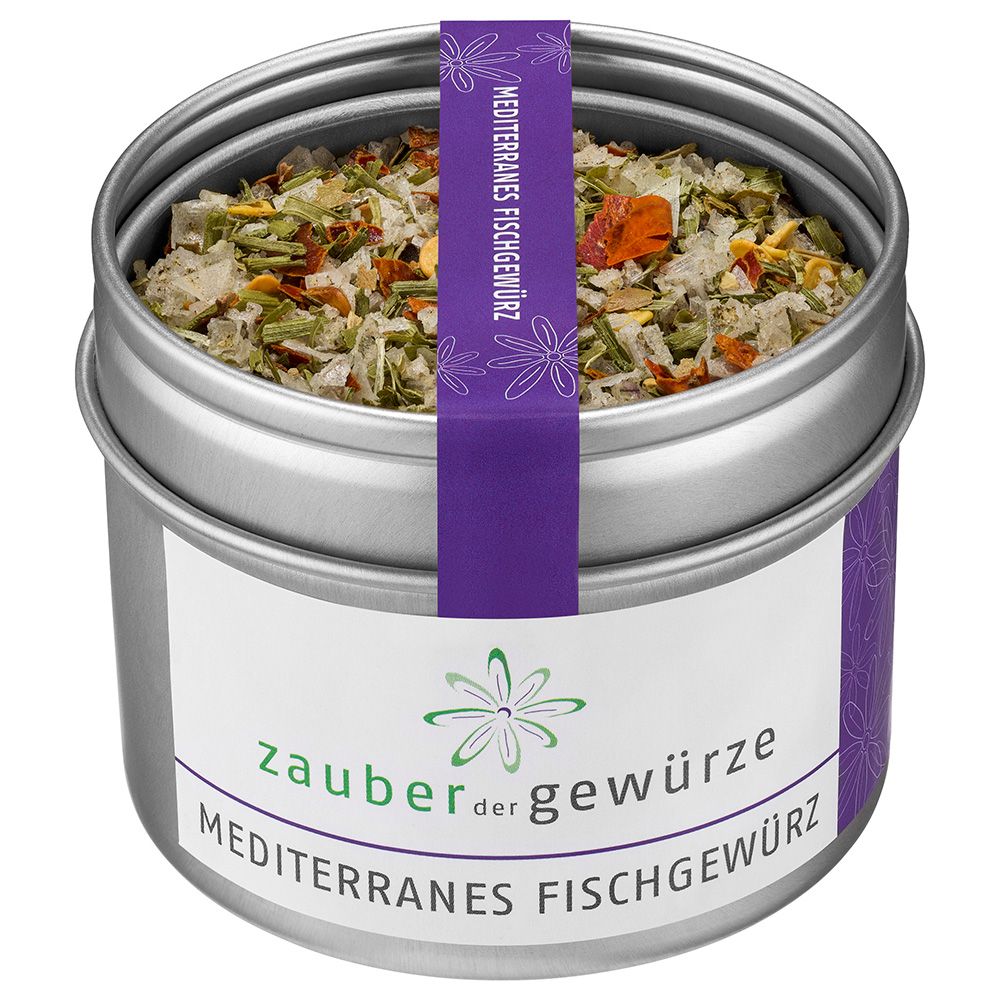 Runde Dose mit Fischgewürz. Aufkleber mit Produktname und Logo. Lila Band mit Schriftzug. Gewürzmischung sichtbar.