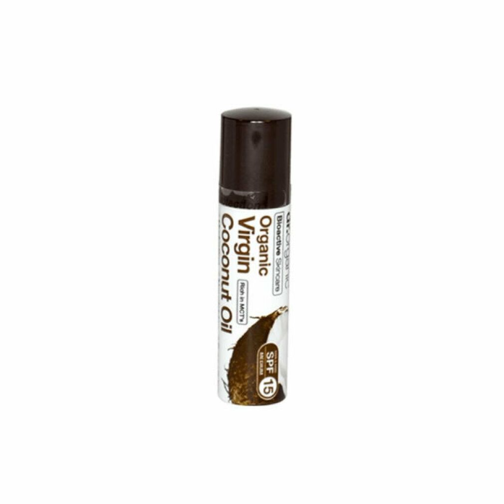 Lippenbalsam mit braunem Deckel. Aufschrift: Organic Virgin Coconut Oil, SPF 15. Kokosnuss-Illustration.