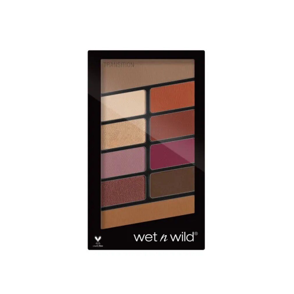 Lidschatten-Palette mit 10 Farbtönen. Schwarze Verpackung. Verschiedene Rosé- und Brauntöne. Aufschrift "Transition". Marke wet n wild.