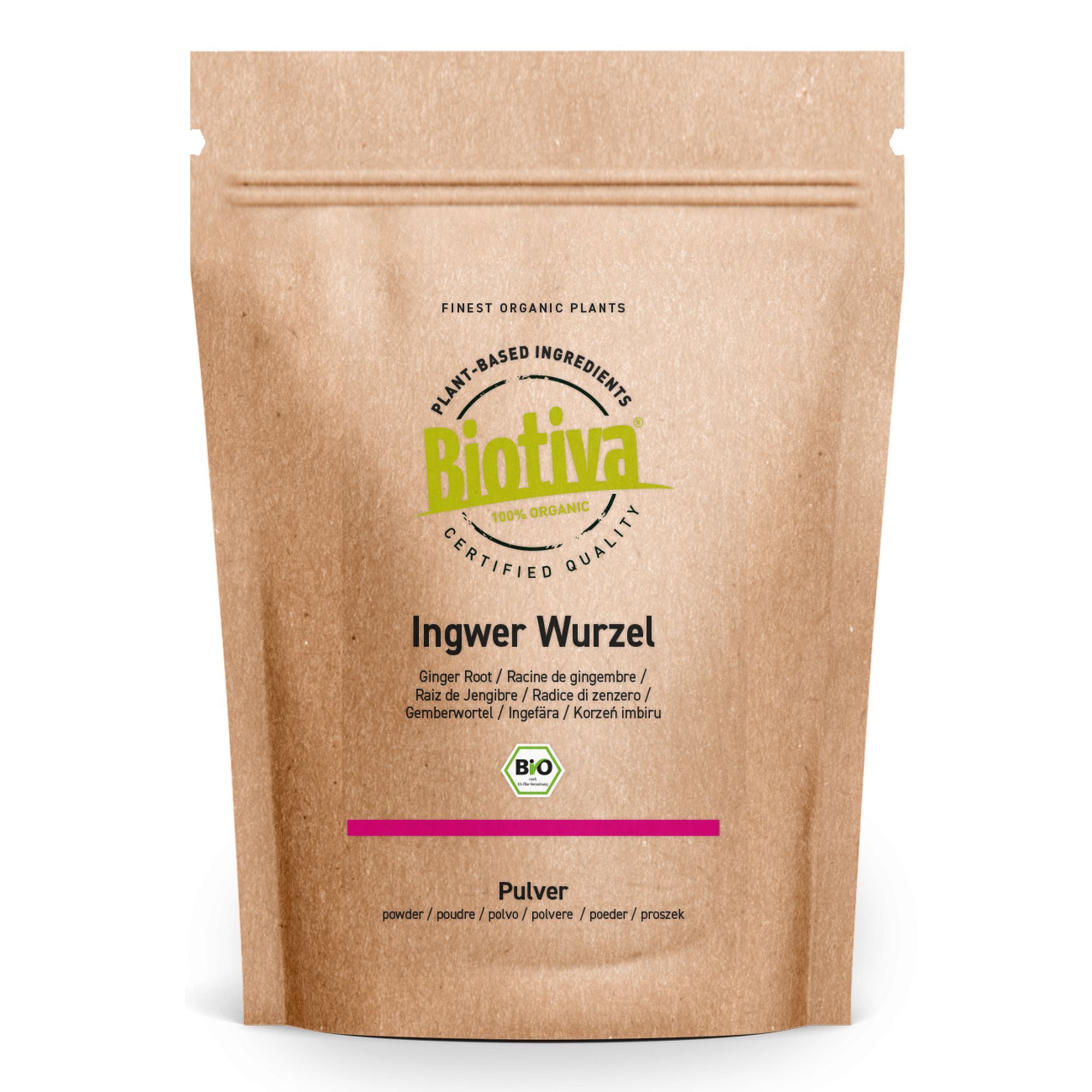 Braune Papierverpackung mit Produktinformationen und Bio-Siegel. Text: Ingwer Wurzel, Biotiva.
