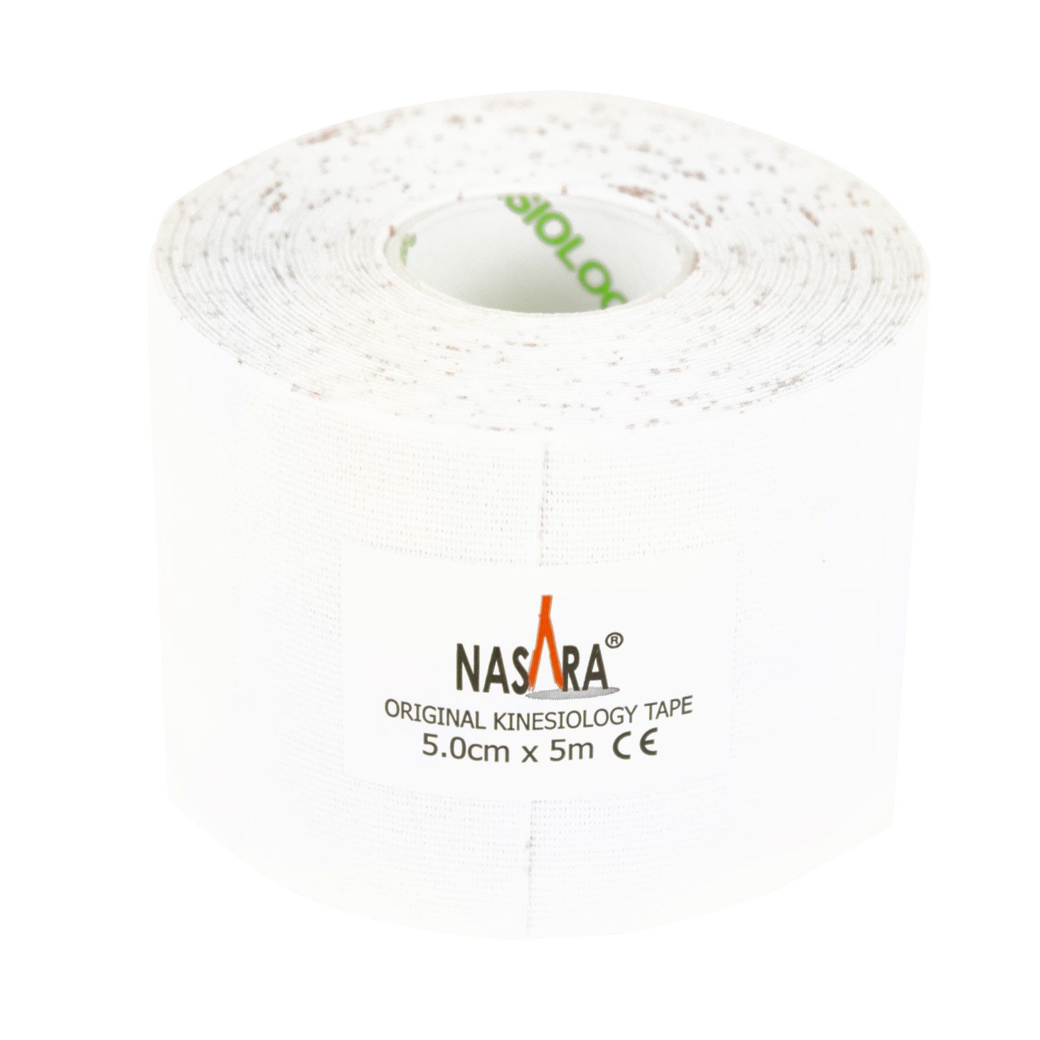 Rolle weißes Kinesiologie-Tape. Aufdruck: Nasara Original Kinesiology Tape, 5.0cm x 5m.
