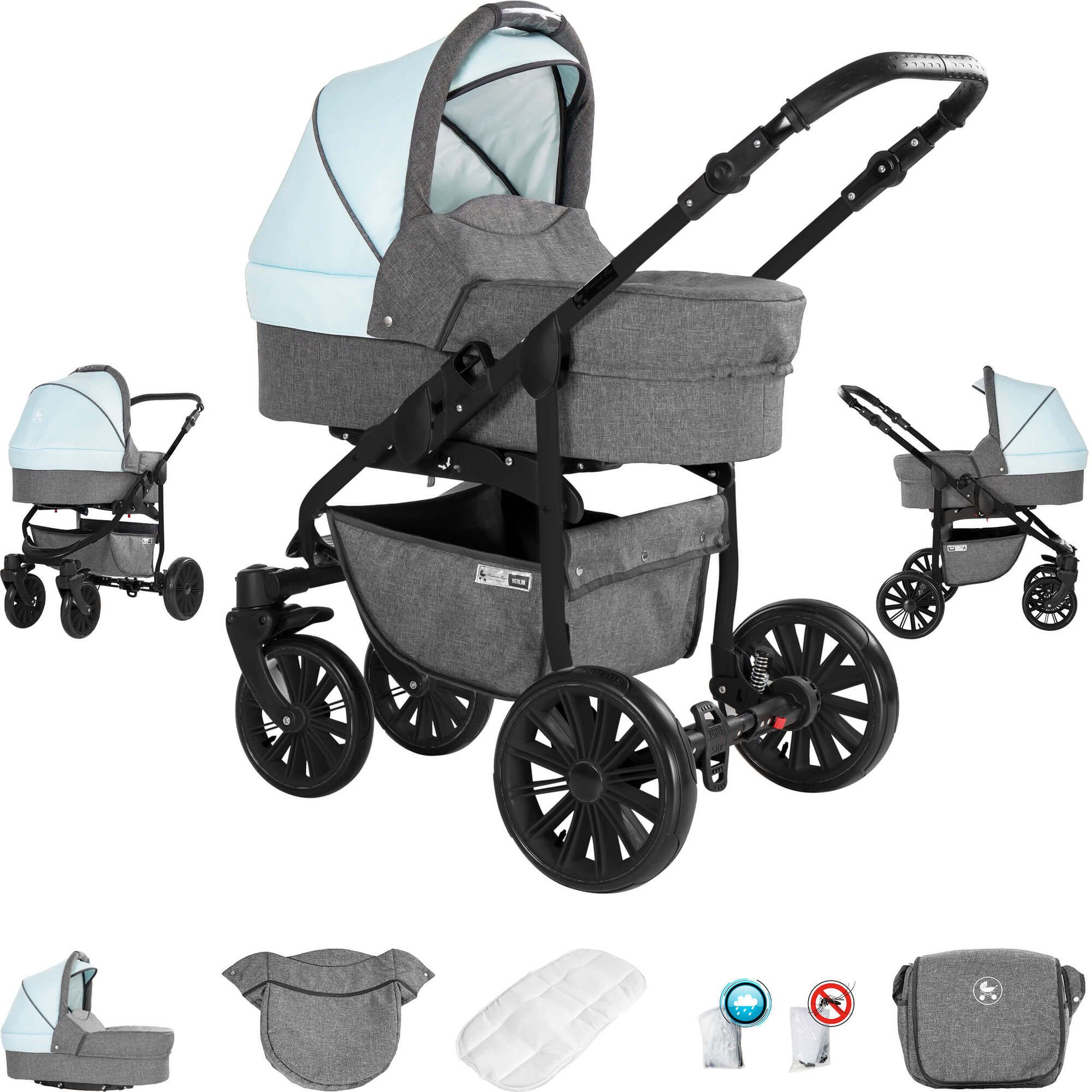 Friedrich Hugo Berlin 3 in 1 Kinderwagen mit Original Maxi Cosi, Luft Grey and Light Blue Night
