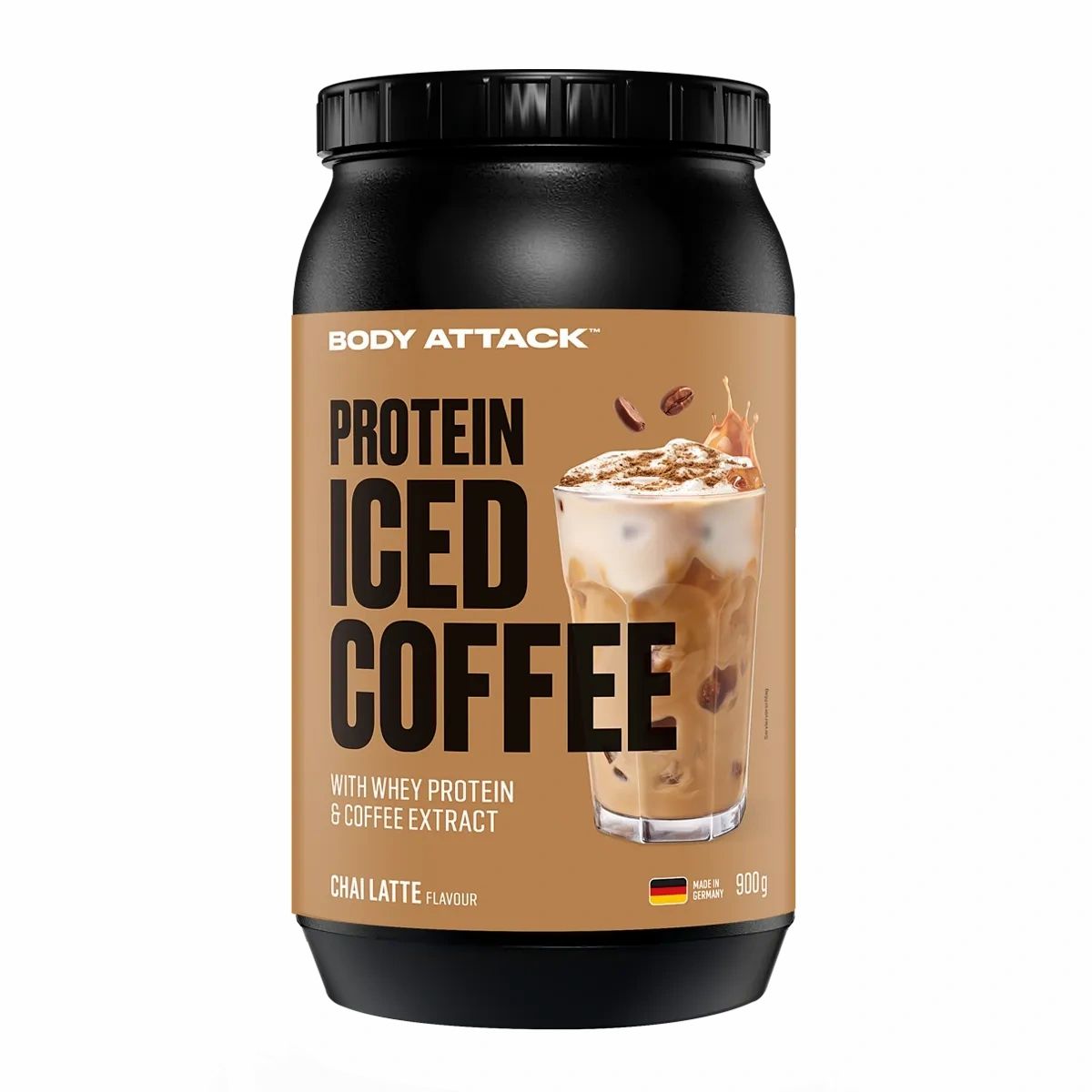 Body Attack Protein Iced Coffee, Chai Latte Geschmack. 900g Dose mit Whey Protein und Kaffeeextrakt.
