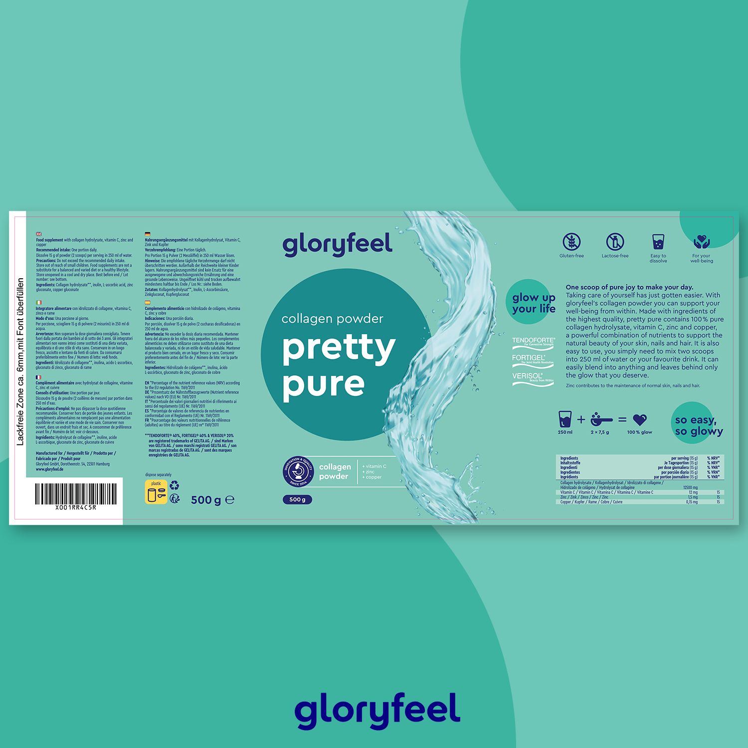 Verpackung mit "gloryfeel", "pretty pure" und Produktinformationen. Türkis-weißes Design. 500g. Text in mehreren Sprachen.