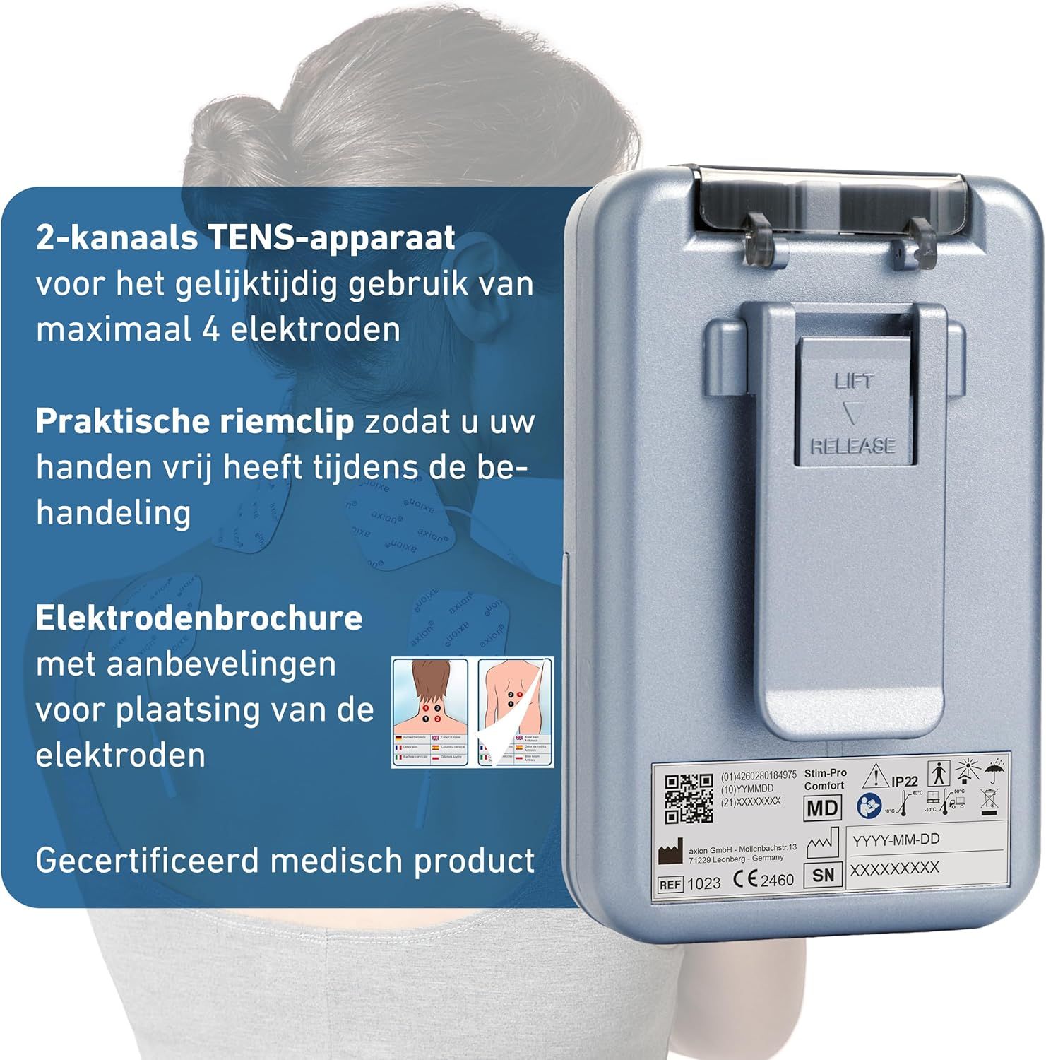 TENS-apparaat, achterkant. Tekst: STIM-PRO COMFORT. Clip. Gecertificeerde medische productinformatie.