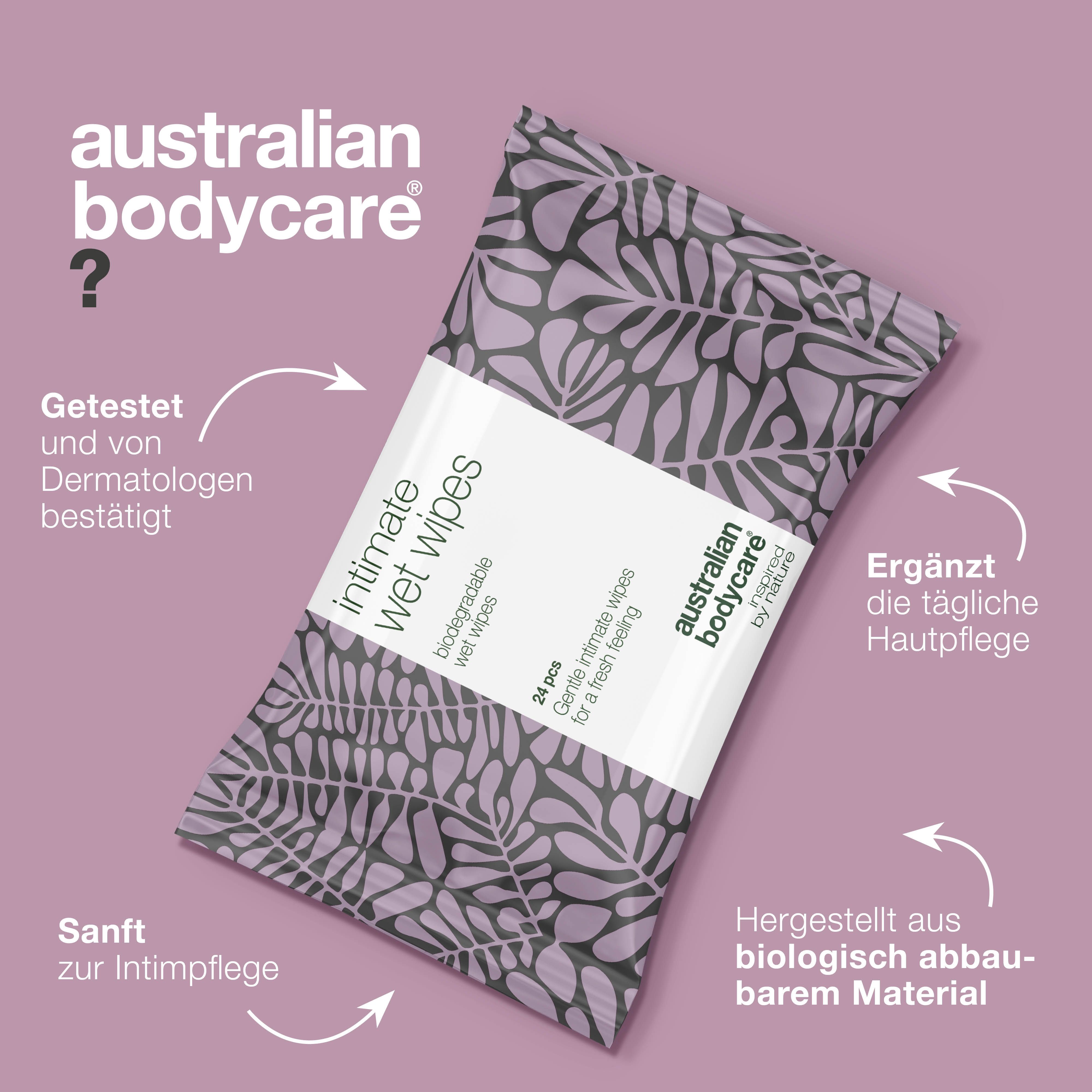 Produktinformationen. Intim-Feuchttücher. Marke: Australian Bodycare. Text: Getestet und von Dermatologen bestätigt.