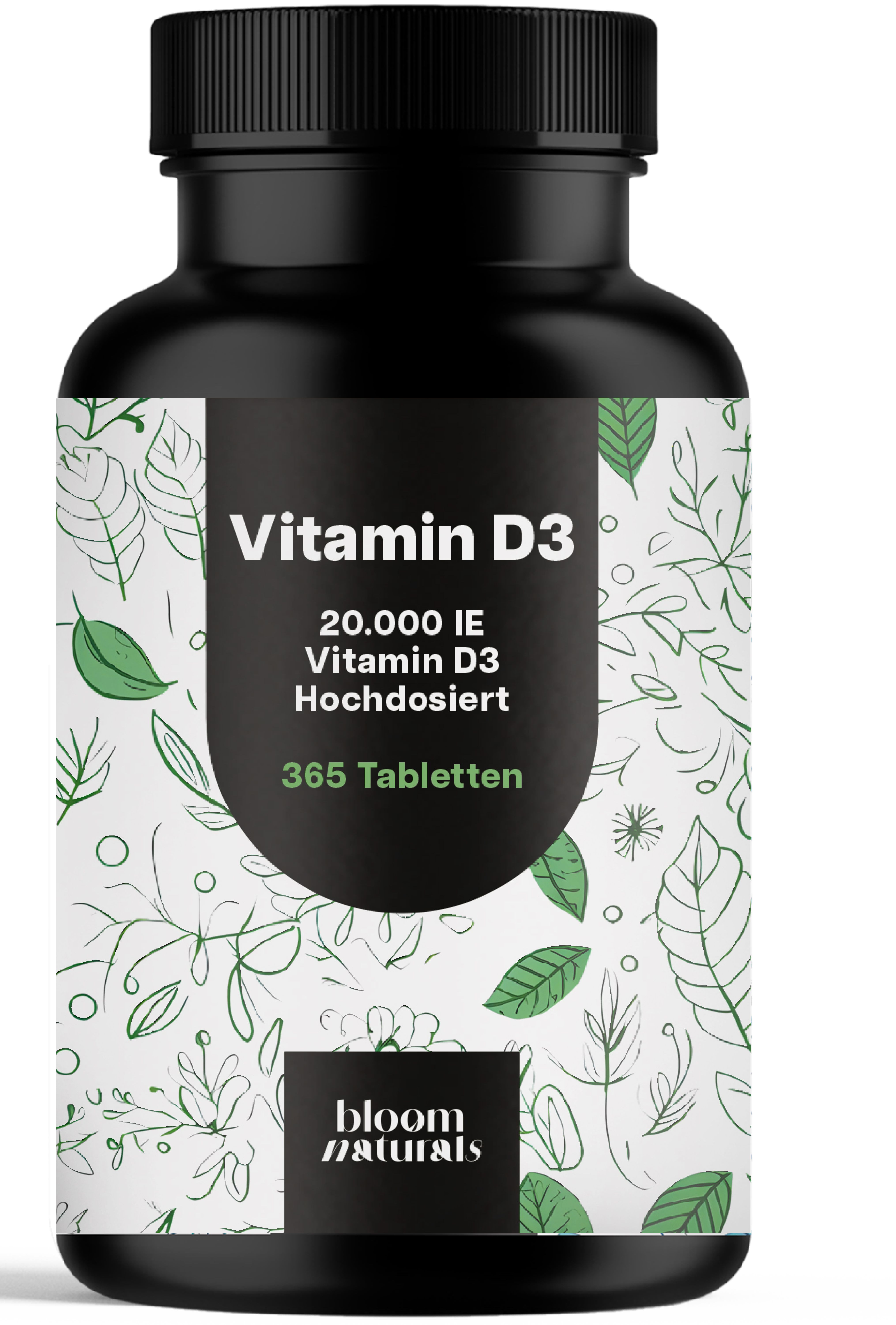 Schwarze Flasche mit weißem Etikett. Aufschrift: Vitamin D3, 20.000 IE, 365 Tabletten. Marke: Bloom Naturals.
