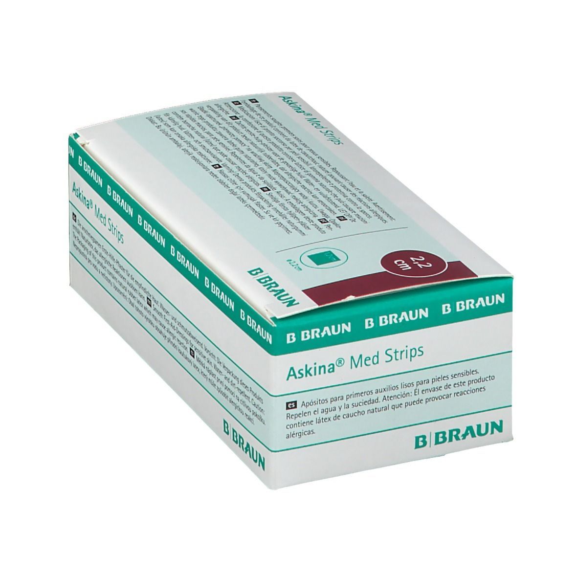 Askina Med Strips-Verpackung, schräg. Weiß-grüne Schachtel mit Produktnamen, Größe 2,2 cm und B. Braun-Logo. Text in mehreren Sprachen.
