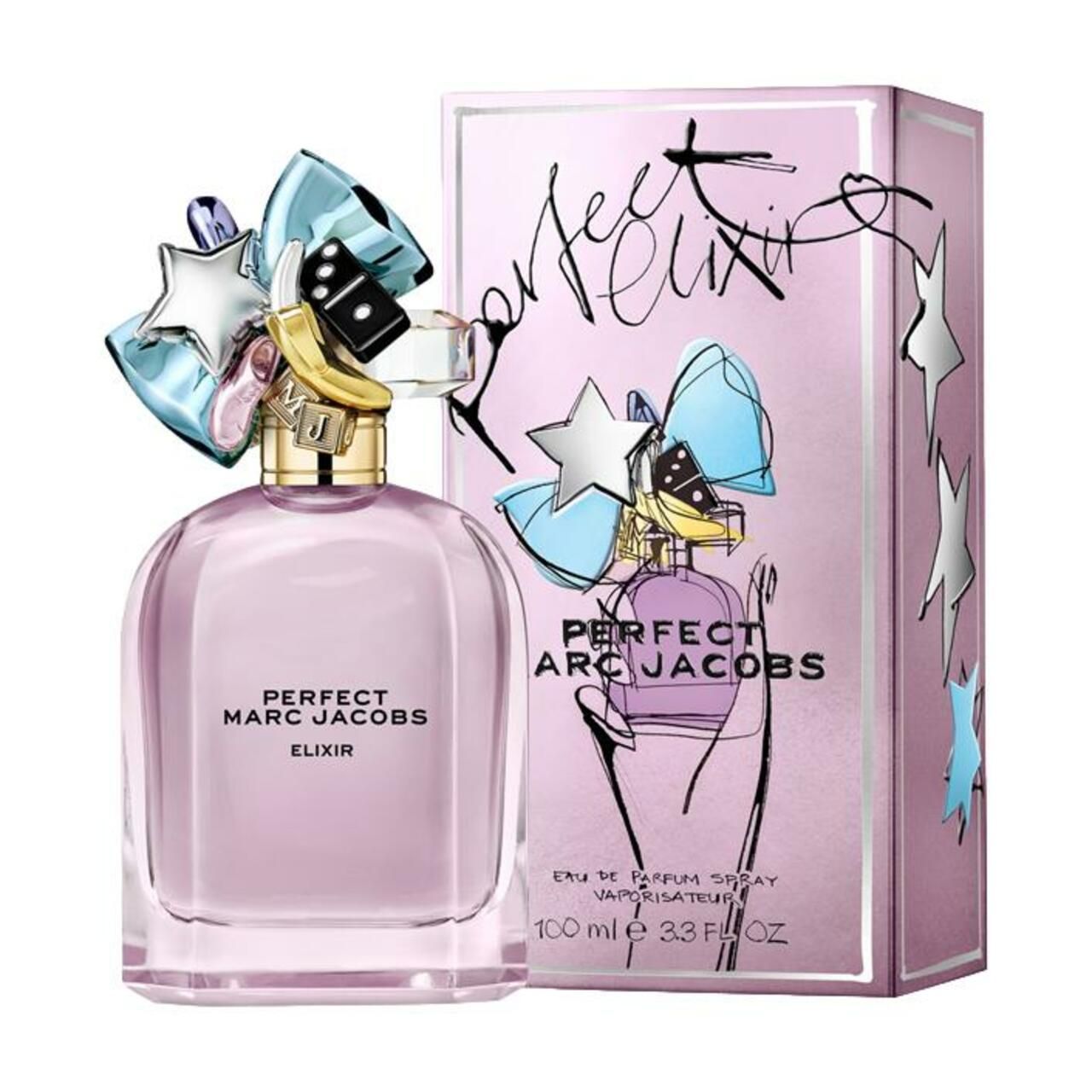 Parfümflakon und Verpackung. Aufschrift: PERFECT MARC JACOBS ELIXIR. Verpackung mit Illustration und Sternen.