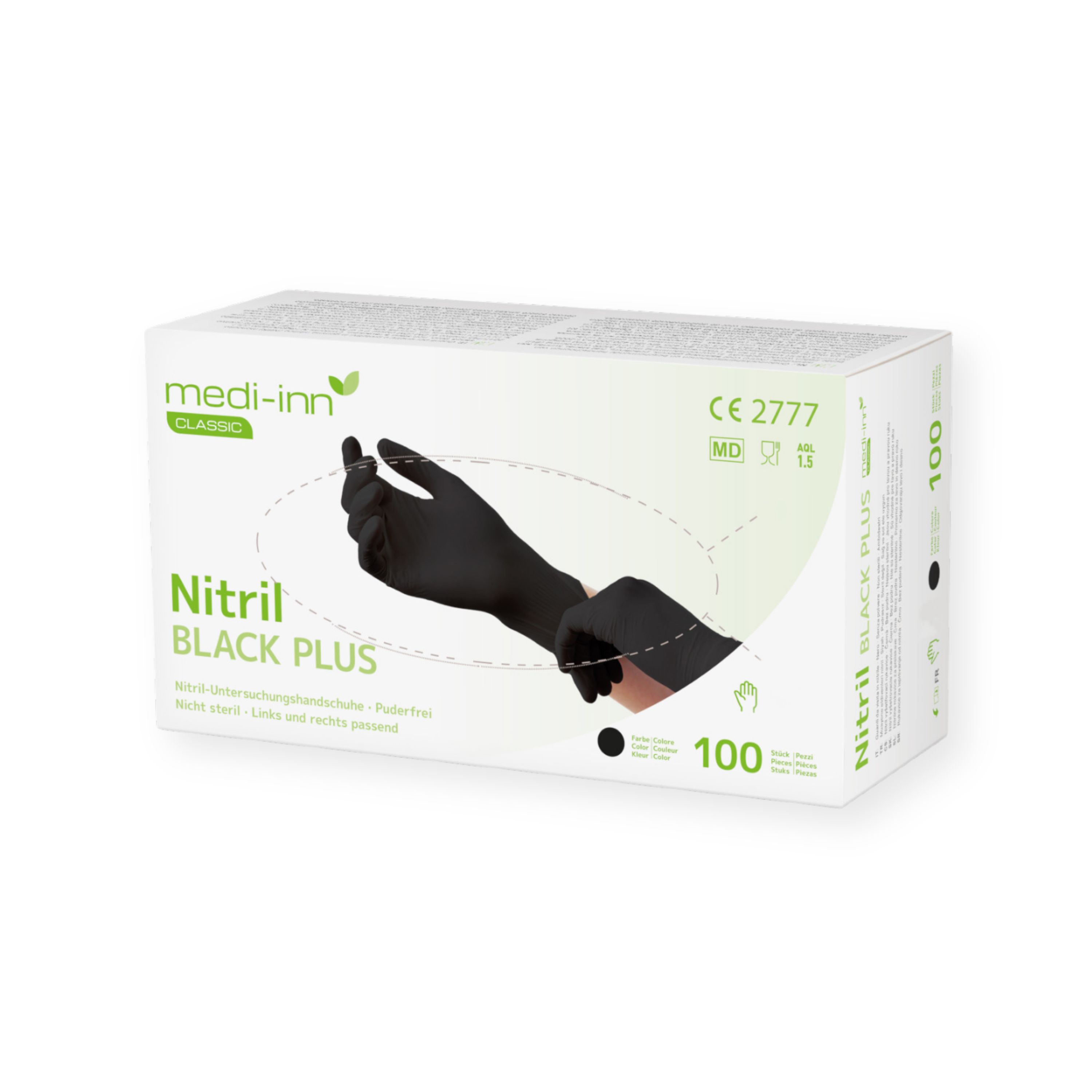 Verpackung von schwarzen Nitril-Einmalhandschuhen, 100 Stück, mit Produktabbildung.