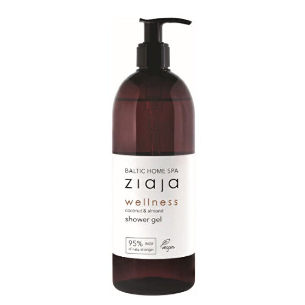 Braune Flasche mit schwarzem Pumpkopf. Aufkleber mit Schriftzug: ZIAJA, wellness, coconut & almond, 95% of natural origin, vegan.
