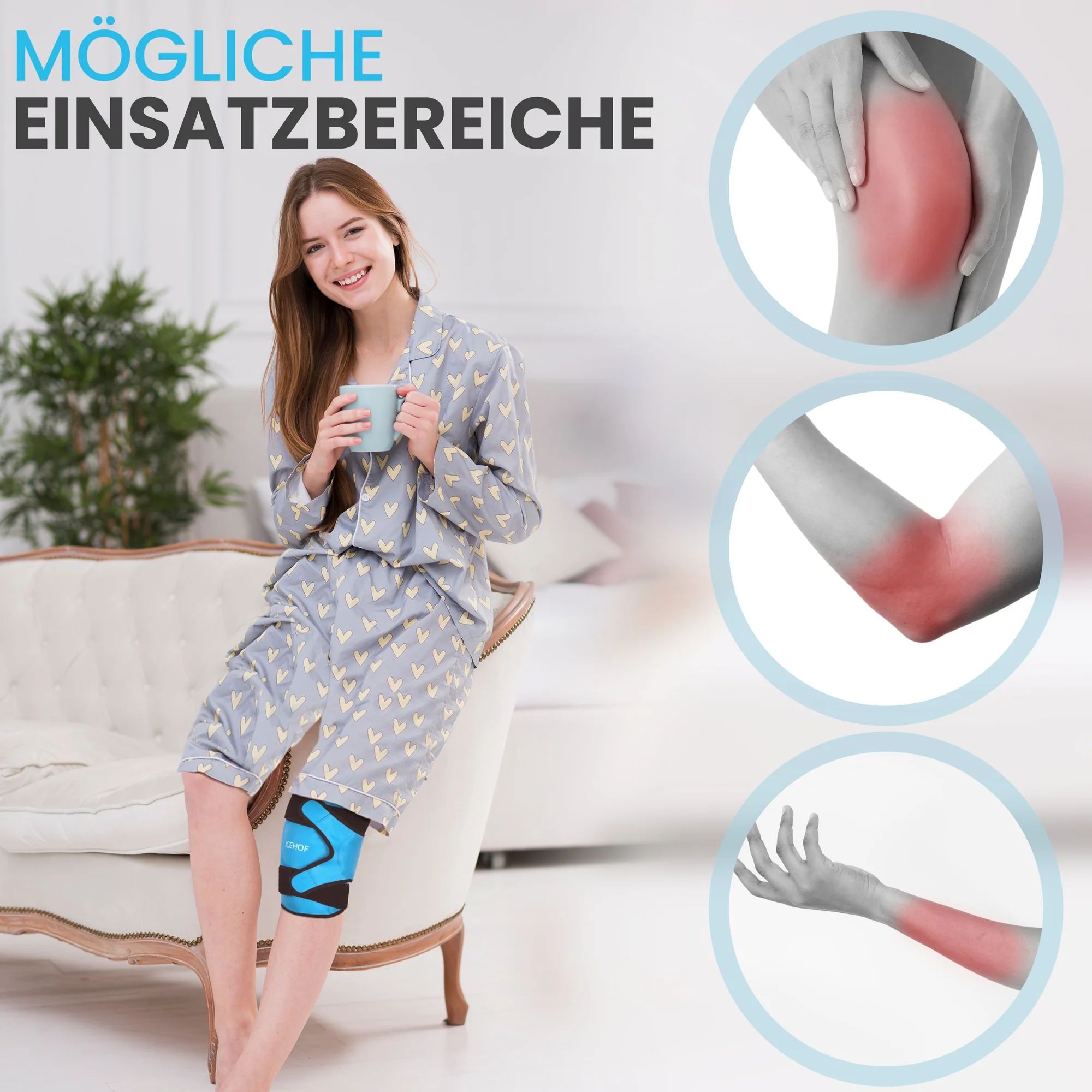 Frau mit Knie-Kühlmanschette auf Sofa, daneben Grafiken zu Einsatzbereichen.