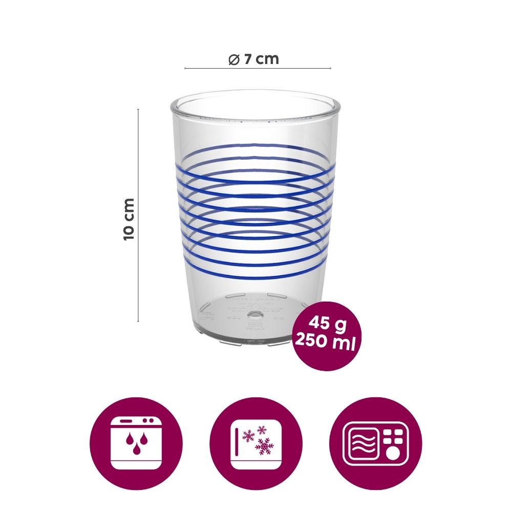 Transparenter Becher mit blauen Ringen, 10 cm hoch, 7 cm Durchmesser, 250 ml.