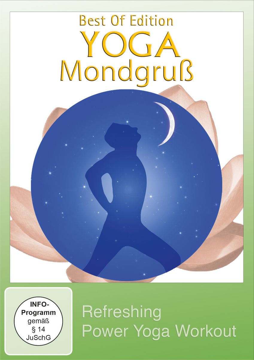 Cover mit Titel YOGA Mondgruß. Blauer Kreis mit Yoga-Figur, Mond und Sternen. Text: Refreshing Power Yoga Workout. JuSchG-Siegel.