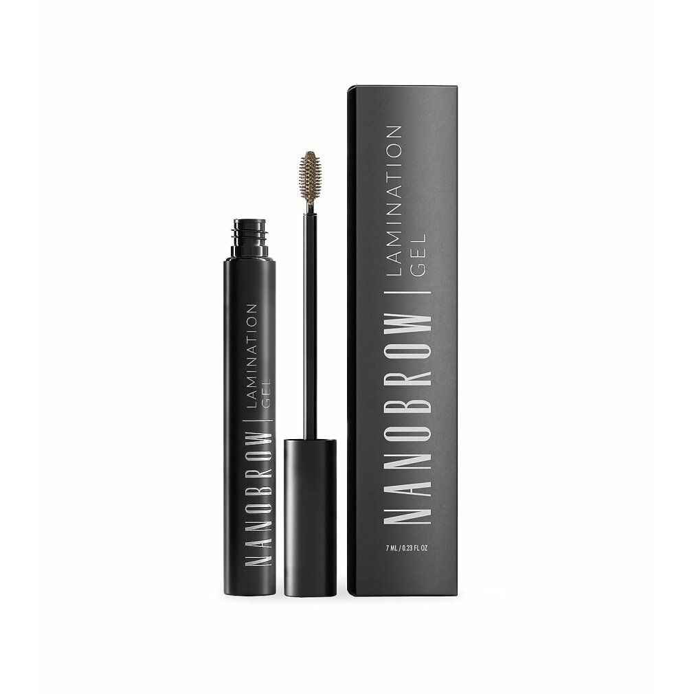 Schwarze Tube und Bürste mit Produktnamen. Rechteckige Verpackung mit Produktnamen. Aufschrift: Nanobrow Lamination Gel.