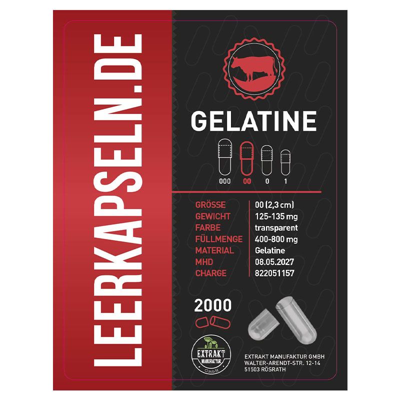 Etikett mit Produktinformationen: Gelatine, Größe 00, 2,3 cm, transparent. MHD 08.05.2027. 2000 Stück. Extrakt Manufaktur.