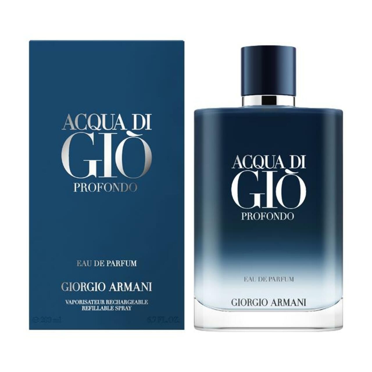 Dunkelblaue Flasche und Schachtel. Aufschrift: Acqua di Giò Profondo, Eau de Parfum, Giorgio Armani. Nachfüllbarer Zerstäuber.