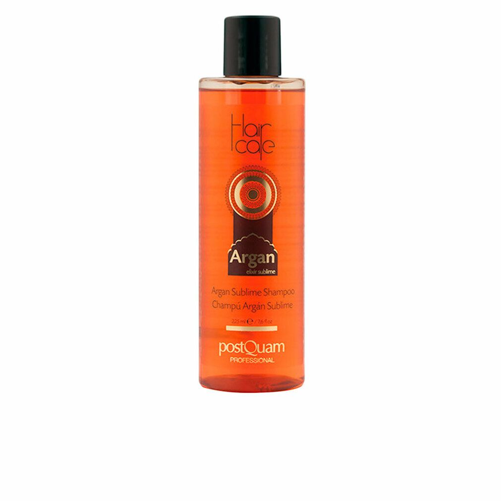 Flasche Shampoo mit Arganöl. Braune Flüssigkeit, schwarzer Deckel. Aufschrift: Hair care, Argan Sublime, postQuam.