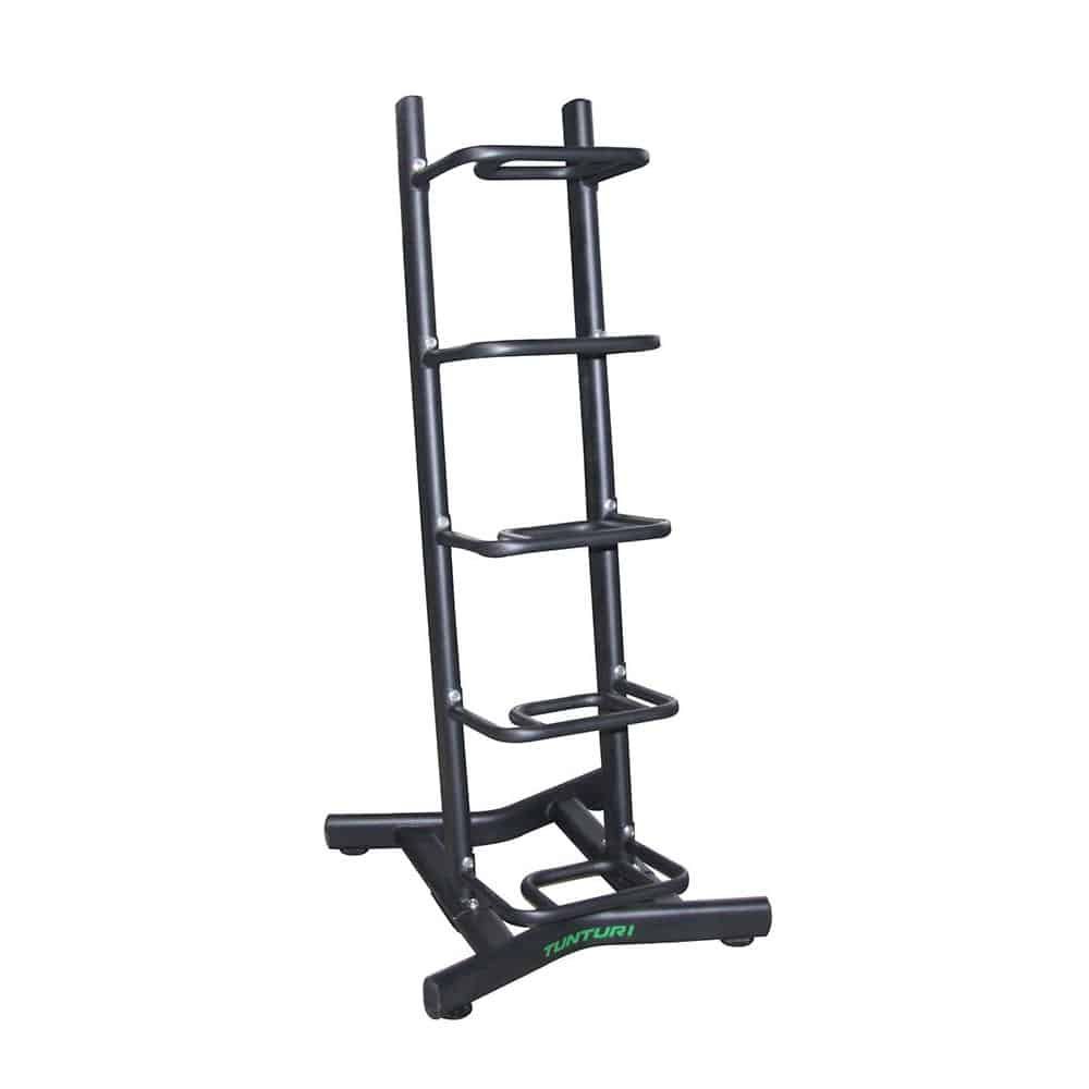 Schwarzer Strength Bag Rack. Metallkonstruktion mit mehreren Ablagen. Tunturi-Logo unten.