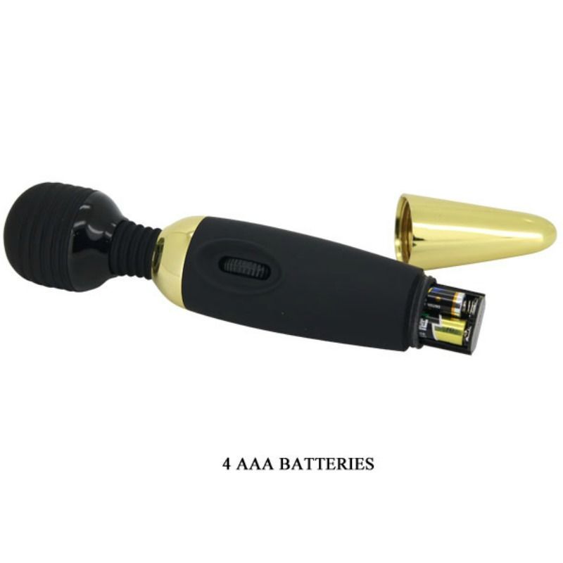 Schwarzer und goldfarbener Massagestab. Batteriefach geöffnet, 4 AAA-Batterien sichtbar. Ein/Aus-Schalter.