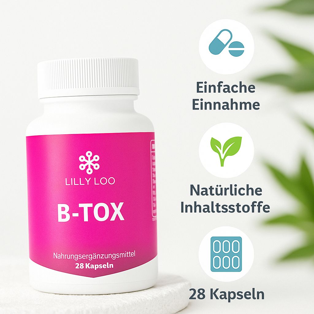 Weiße Flasche mit pinkfarbenem Etikett. Aufschrift: Lilly Loo, B-TOX, Nahrungsergänzungsmittel, 28 Kapseln. Symbole: einfache Einnahme, natürliche Inhaltsstoffe, 28 Kapseln.