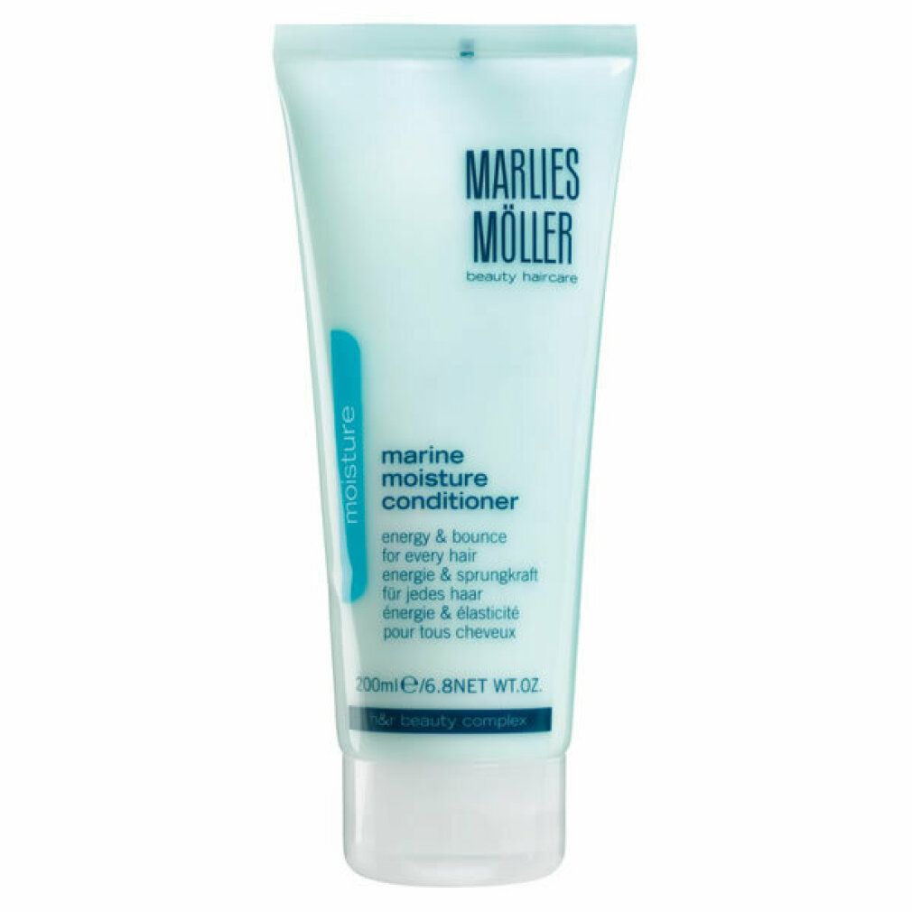 Marlies Möller Marine Moisture Conditioner, Tube mit blauem Akzent. Produktname und Text.