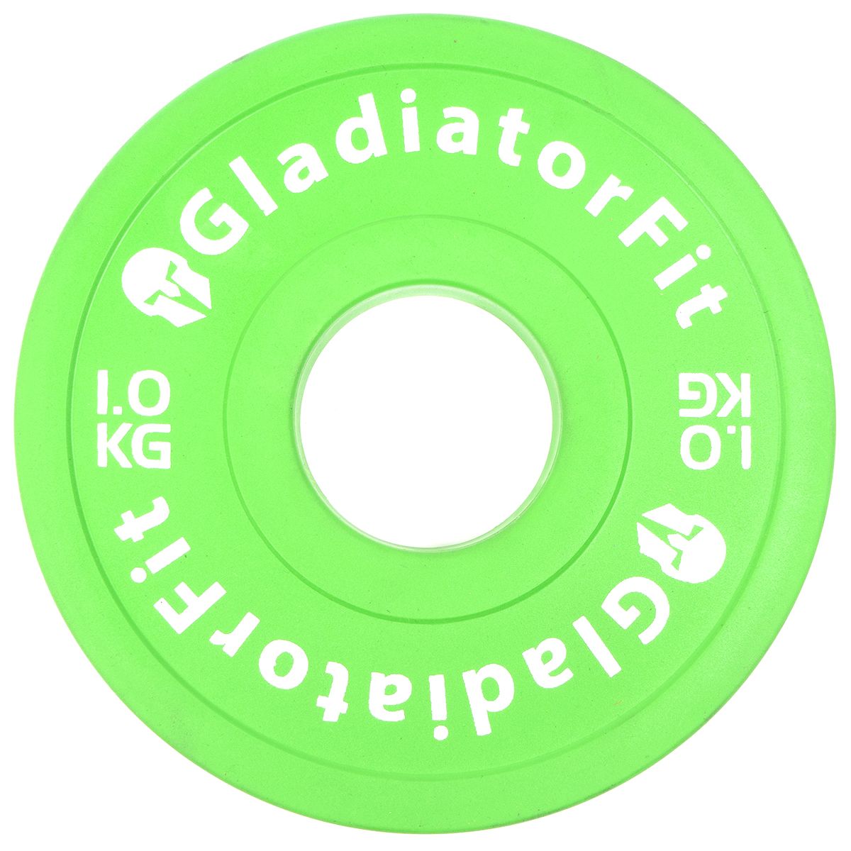 Grüne Gummi-Fraktionsscheibe. Aufschrift GladiatorFit und 1,0 KG. Ansicht von oben.