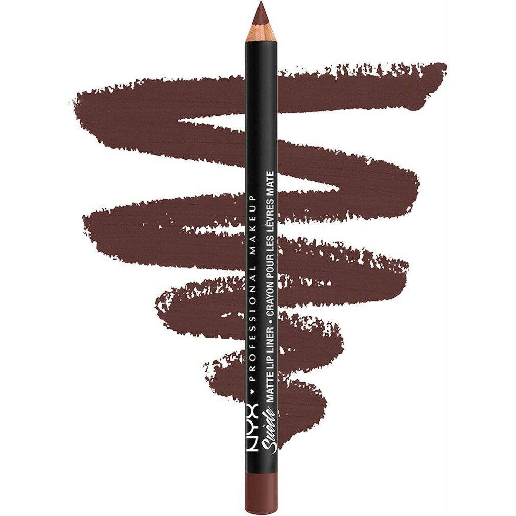 NYX Suede Matte Lip Liner in Cold Brew. Dunkelbrauner Lipliner mit einem Swatch.