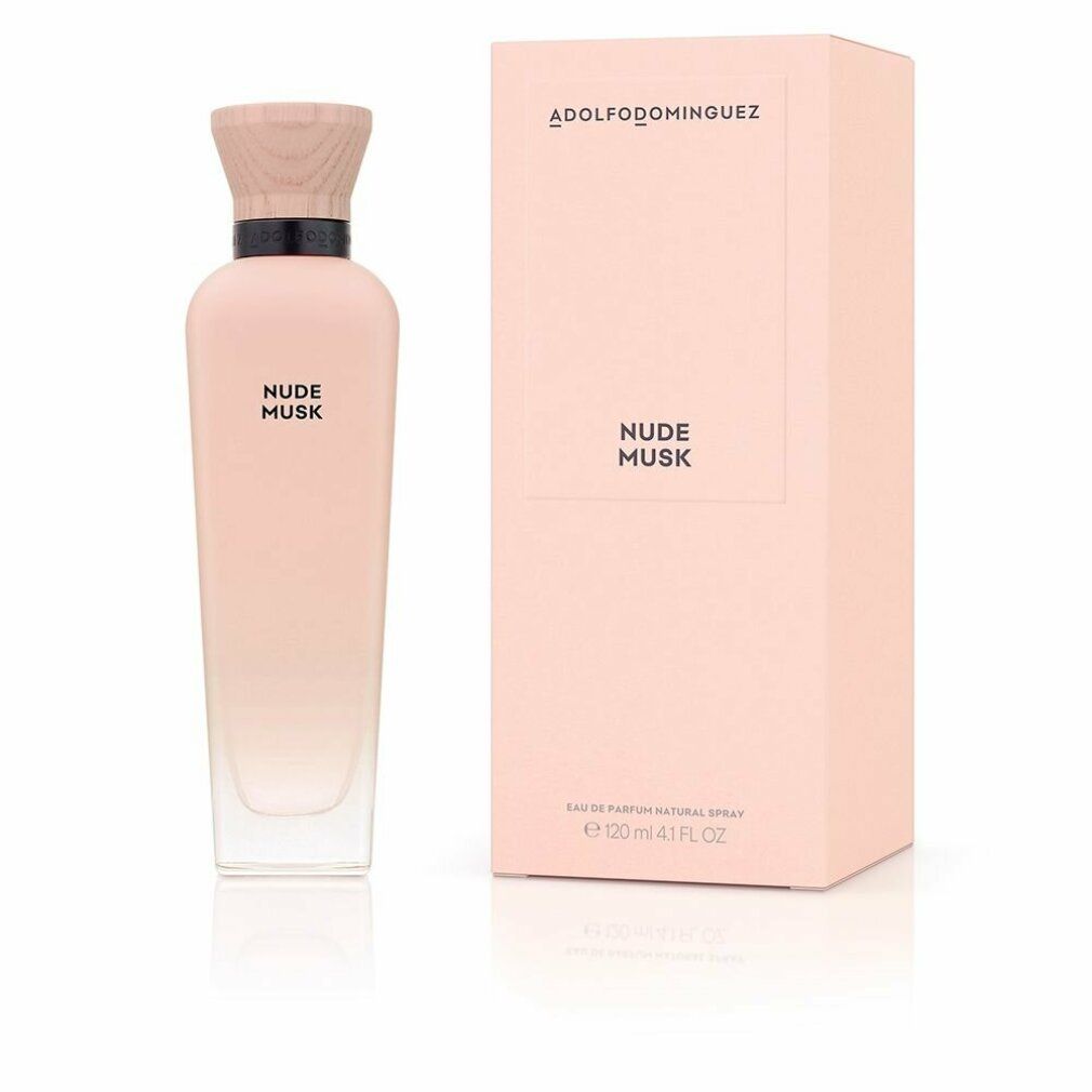 Parfümflasche und Verpackung. Aufschrift: ADOLFODOMINGUEZ, NUDE MUSK. Farbverlauf von rosa nach transparent.