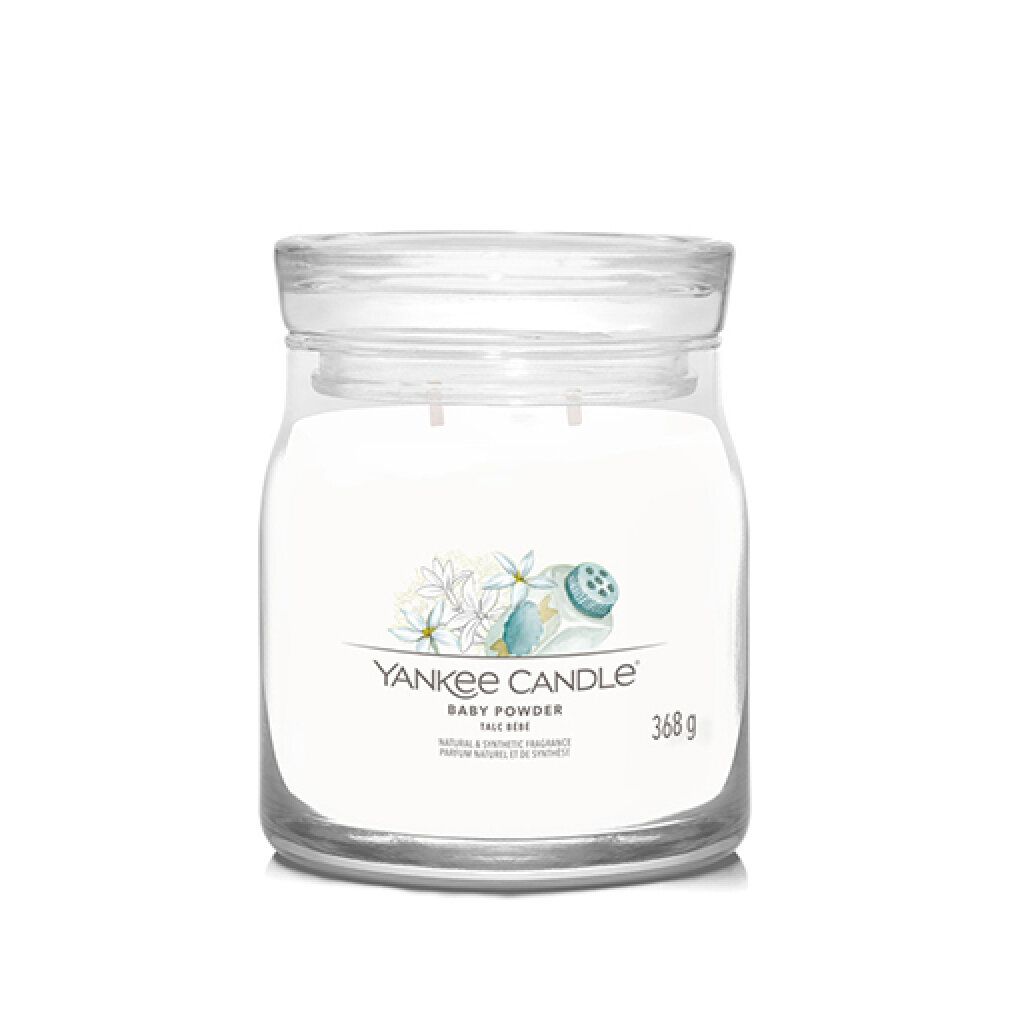 Glasbehälter mit Deckel. Aufkleber mit Blumenmotiv und Schriftzug Yankee Candle Baby Powder. Gewicht: 368 g.