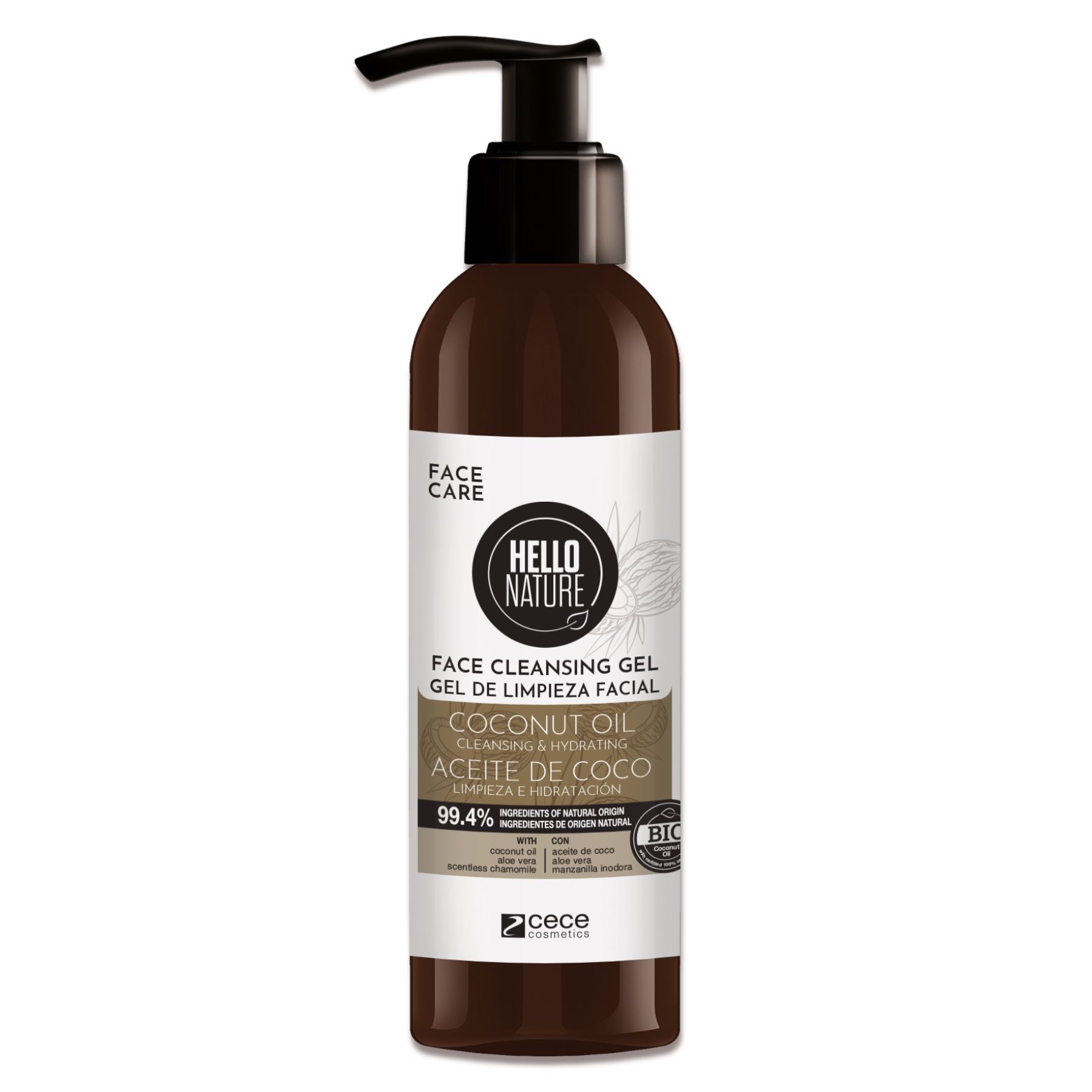 Gesichtsreinigungsgel mit Kokosöl. Braune Flasche mit Pumpe. Logo Hello Nature. Kokosnuss und Blätter.