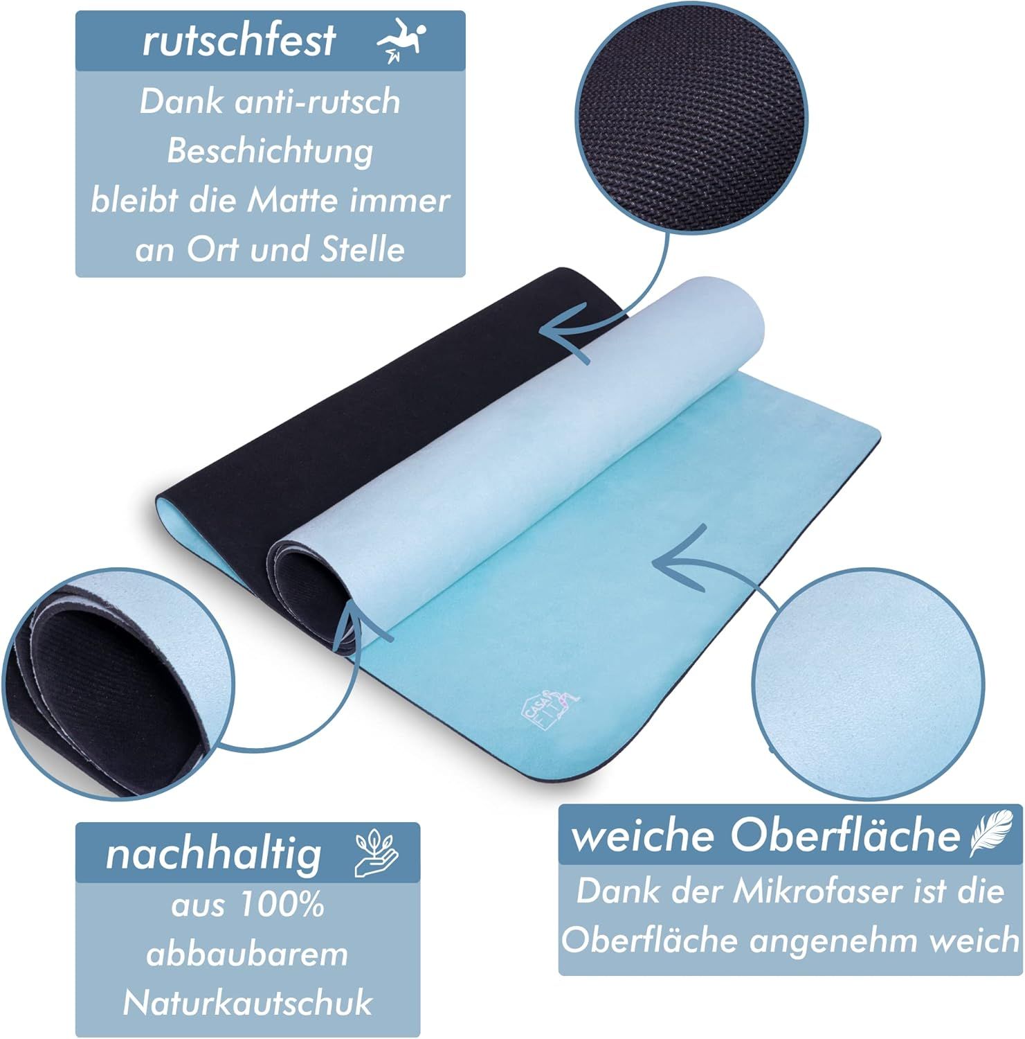 Tiffanyblaue Yogamatte, teilweise gerollt, mit Details zu Rutschfestigkeit und nachhaltigem Naturkautschuk. Schwarze Unterseite, weiche Oberfläche.